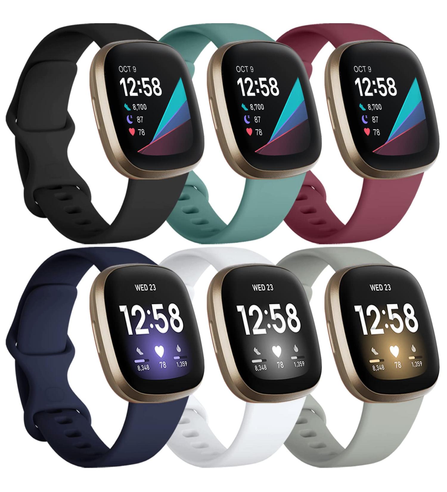 Charlam 6 Pack Replacement Arm Straps for Fitbit Versa 3/4 & Sense | Soft Sports Armbands for Men & Women | Klein S 5.9-7.4 - Black Gray White Pine Green Navy Blue - Buy Online on GoSupps.com