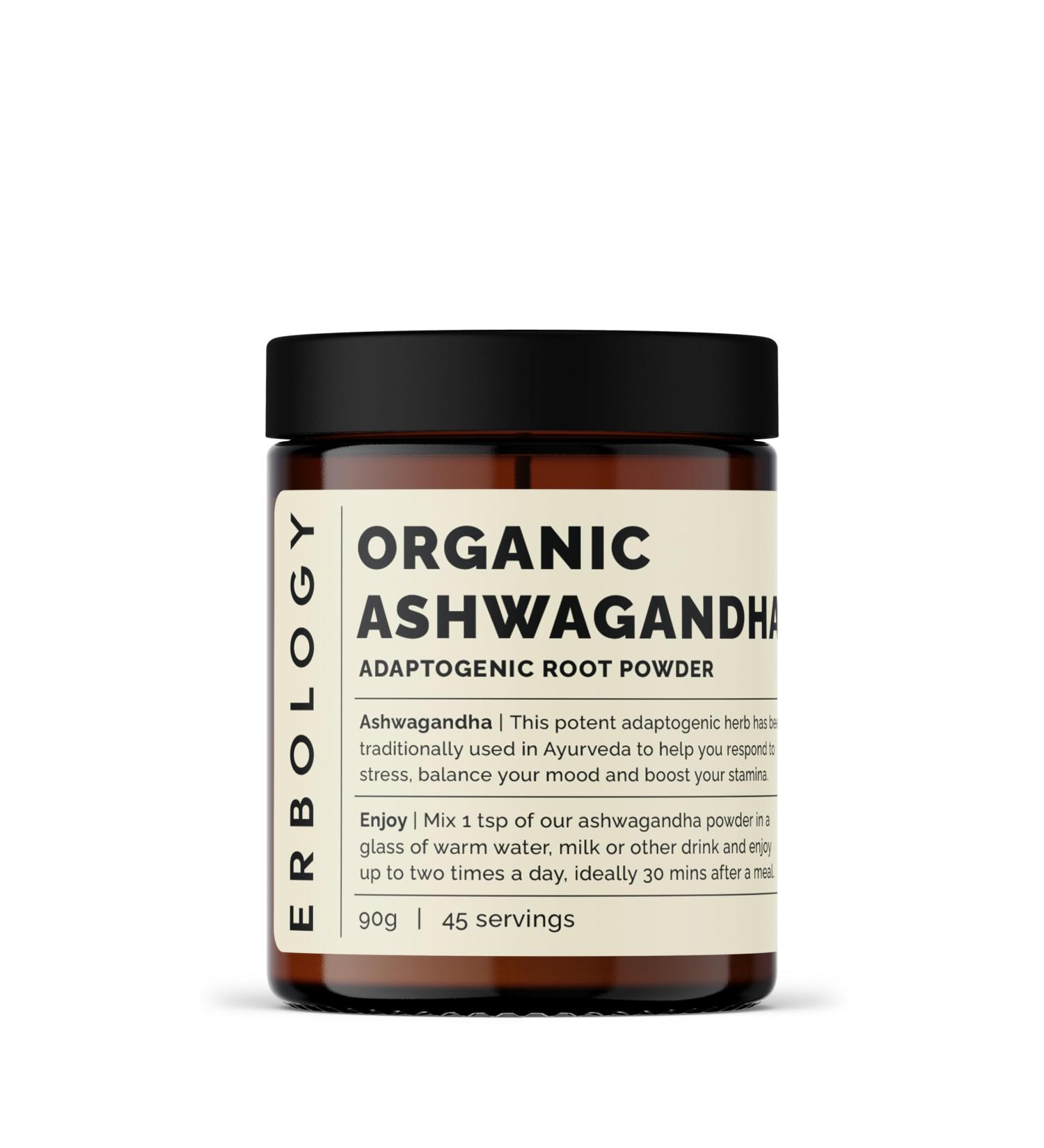 Erbology Organic Ashwagandha Powder 90g - 45 Servings - Sleep Aid - Rich in Withanolides - Sustainably Sourced Straight from Farm in India - Small Batch - Vegan - GMO-Free - Buy Online on GoSupps.com