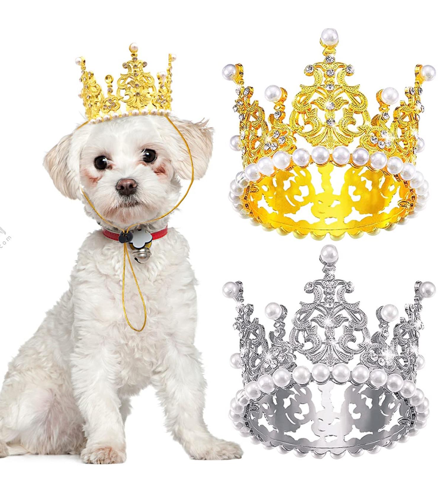 BIPY 2Pcs Dog Crown Pet Birthday Hats Cat Tiara Crown Headpiece Gold Silver Princess Rhinestone Faux Pearl Birthday Cake Topper for Medium Large Puppy Cats Doggies Party Wedding Hair Accessories - Buy Online on GoSupps.com