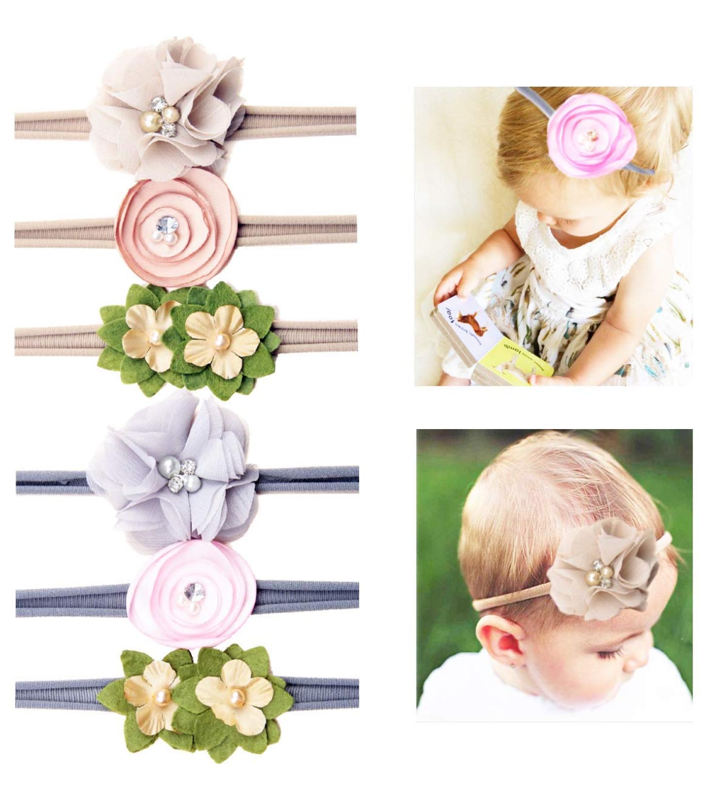 ICEBLUEOR 6Pcs Baby Nylon Headbands: Boutique Bows with Hand-Sewn Beads & Flowers for Newborns - Buy Online on GoSupps.com