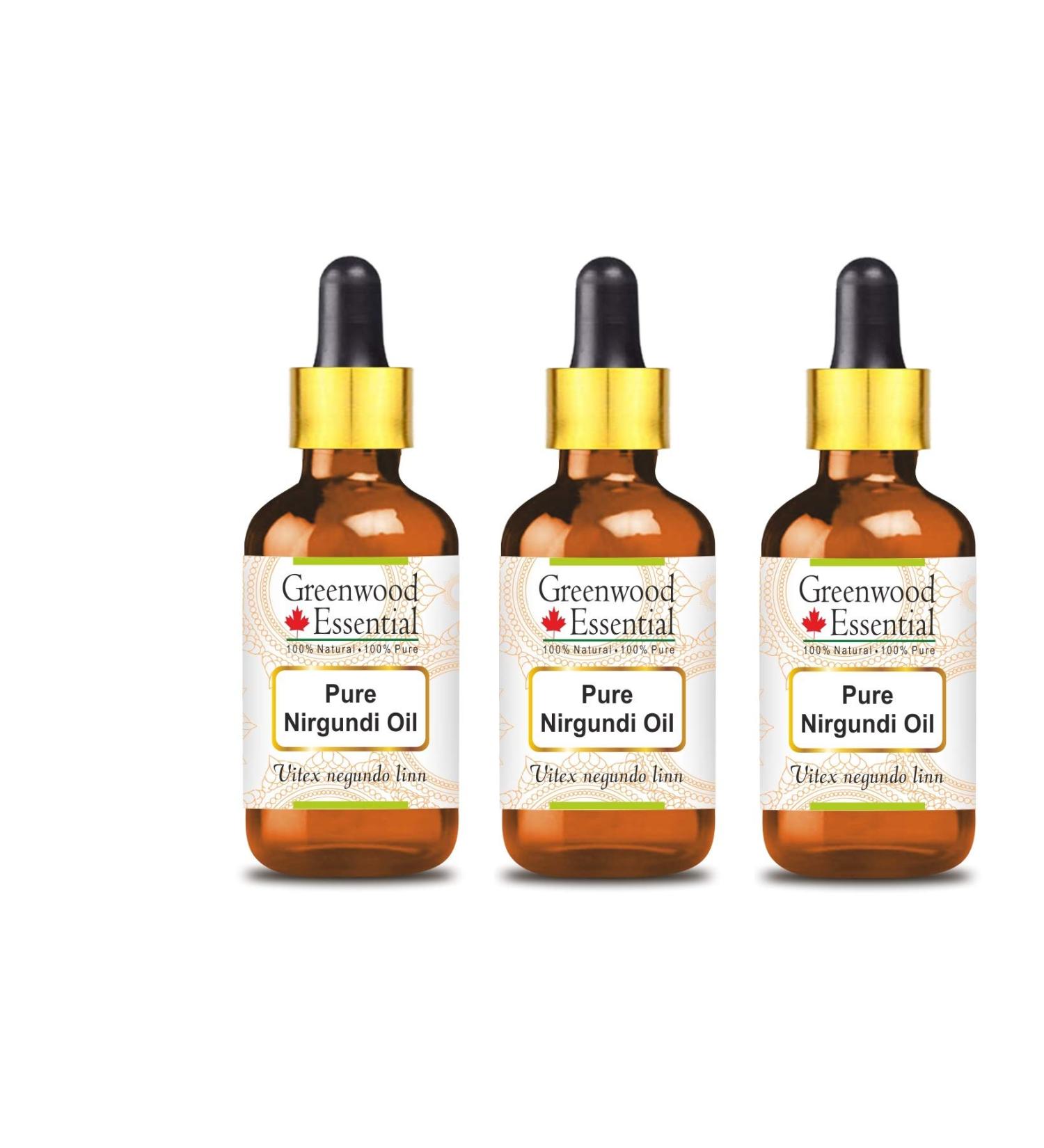 Greenwood Essential Natural Nirgundi Oil (Vitex Negundo Linn) - Pure Therapeutic Quality 100ml x 3 Pack with Glass Droppers - International Shipping Available - Buy Online on GoSupps.com