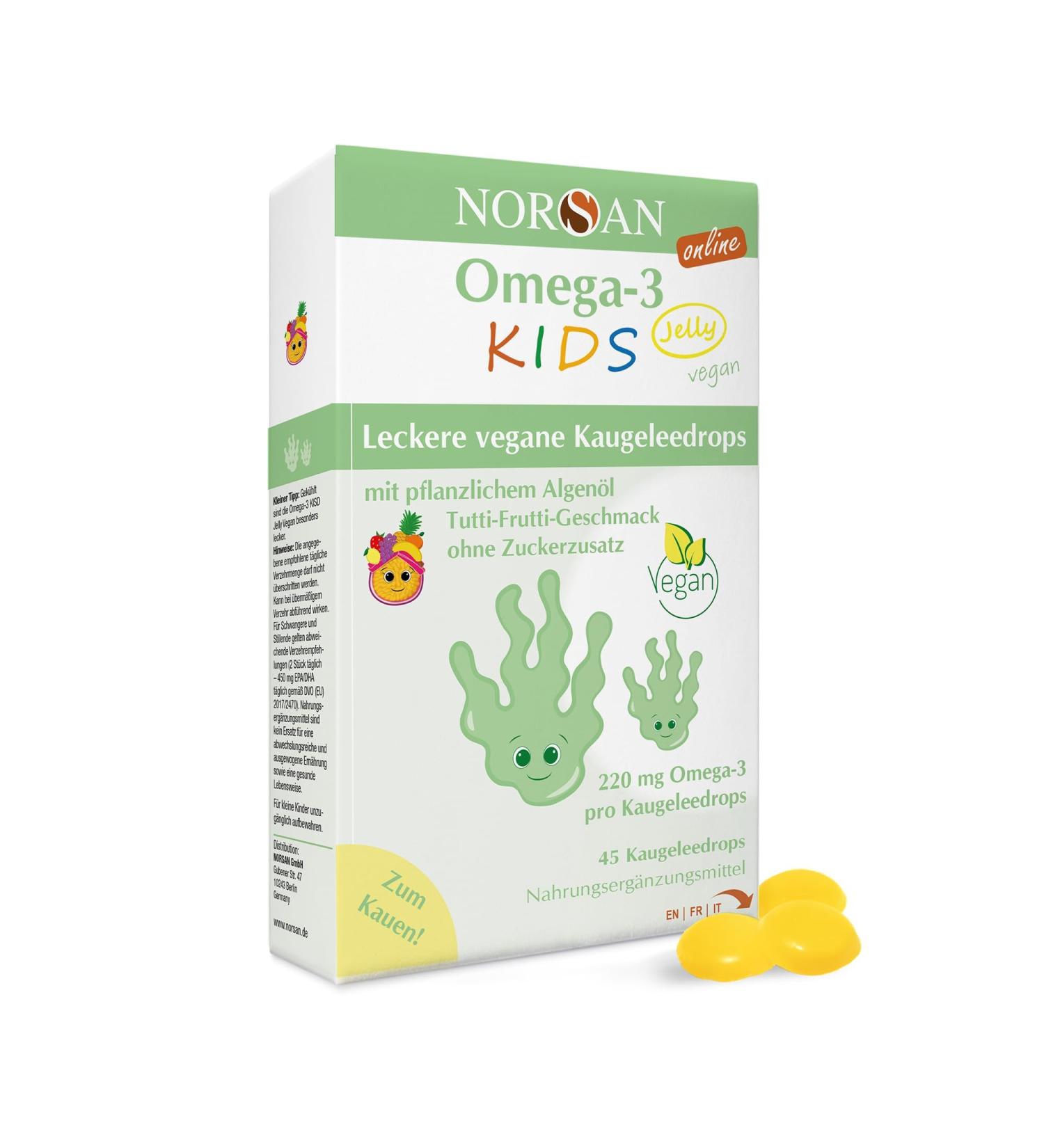 Norsan Omega 3 Vegan Kids Jelly 45 Highly dose/Omega 3 vegan high dose 220mg per chewing geleedrops/veganes omega 3 with EPA & DHA/OMEGA 3 kids with Tutti-Frutti-taste 1x 45 pieces