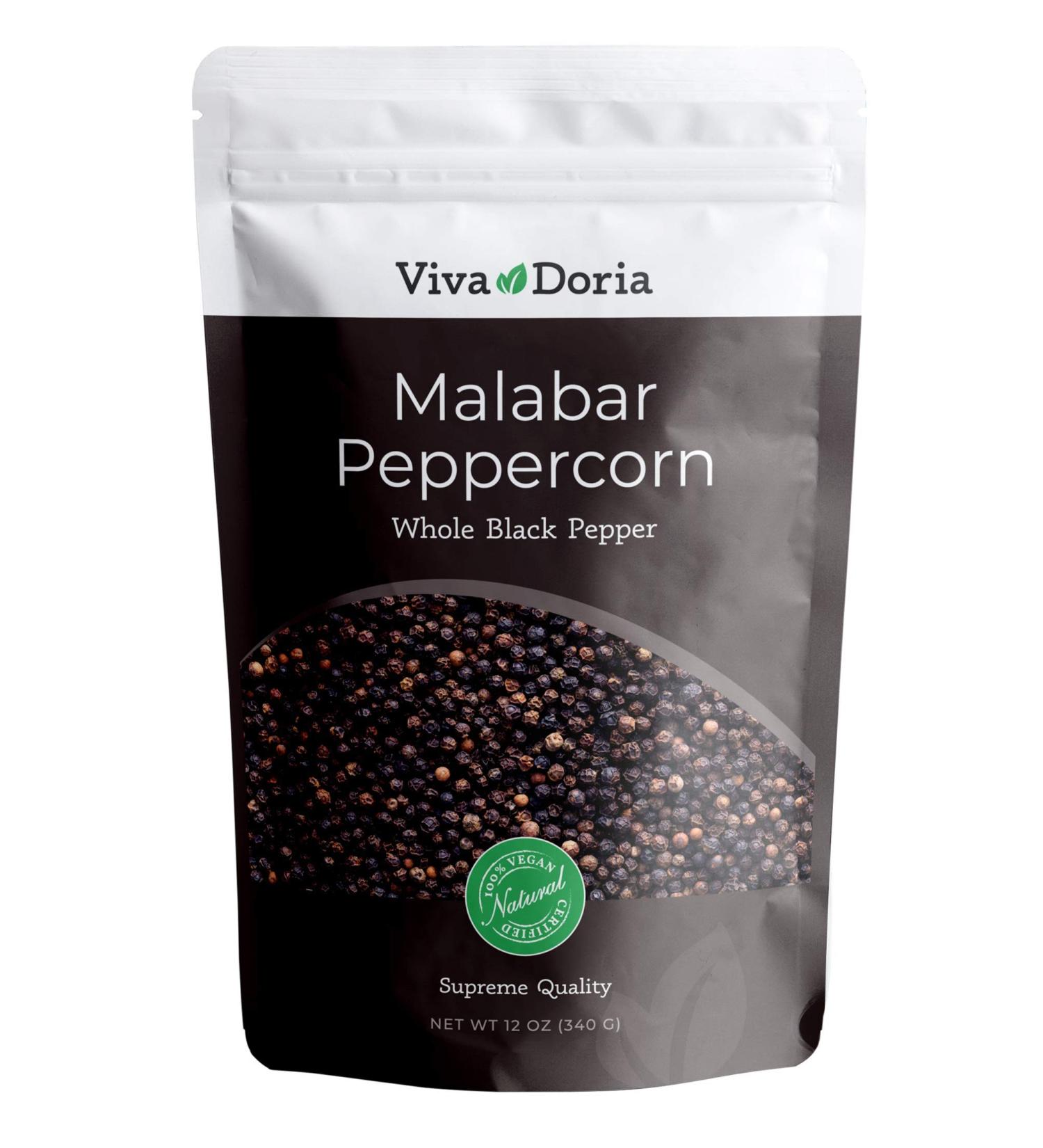 Viva Doria Malabar Black Peppercorns, Whole Black Pepper, Black Peppercorn For Grinder Refills, 12 Ounces 12 Ounce (Pack of 1)