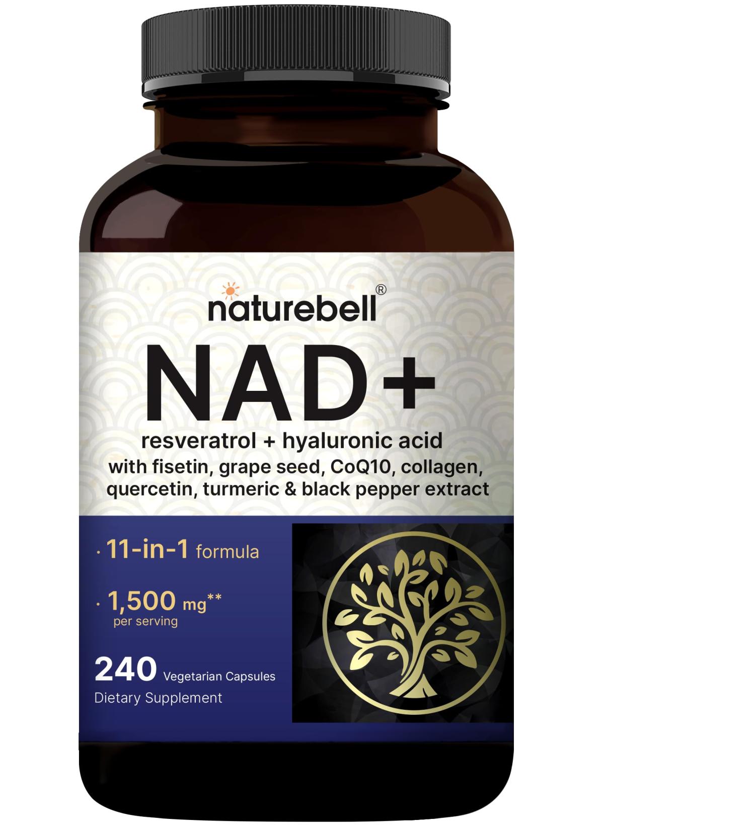 NatureBell NAD+ Complex 1 500mg Per Serving 240 Veggie Capsules | NMN Supplement Alternative | NAD Plus Resveratrol Hyaluronic Acid Quercetin Fisetin Collagen & More Non-GMO - Buy Online on GoSupps.com