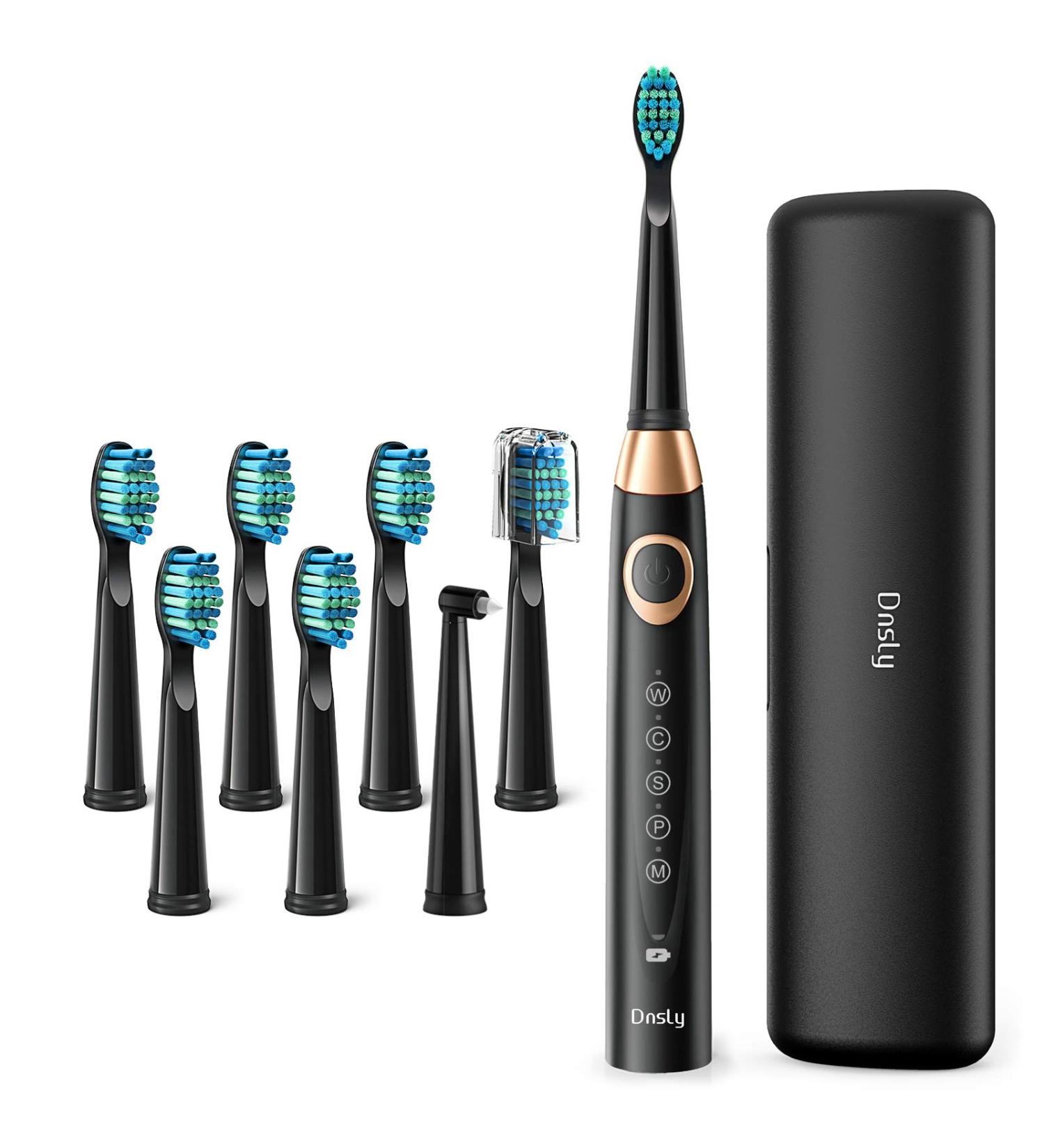 Dnsly Electric Toothbrush for Adults - 5 Modes Sonic Cleaning, Rechargeable with 2-Min Timer, 8 Brush Heads, Travel Case - Black - Buy Online on GoSupps.com