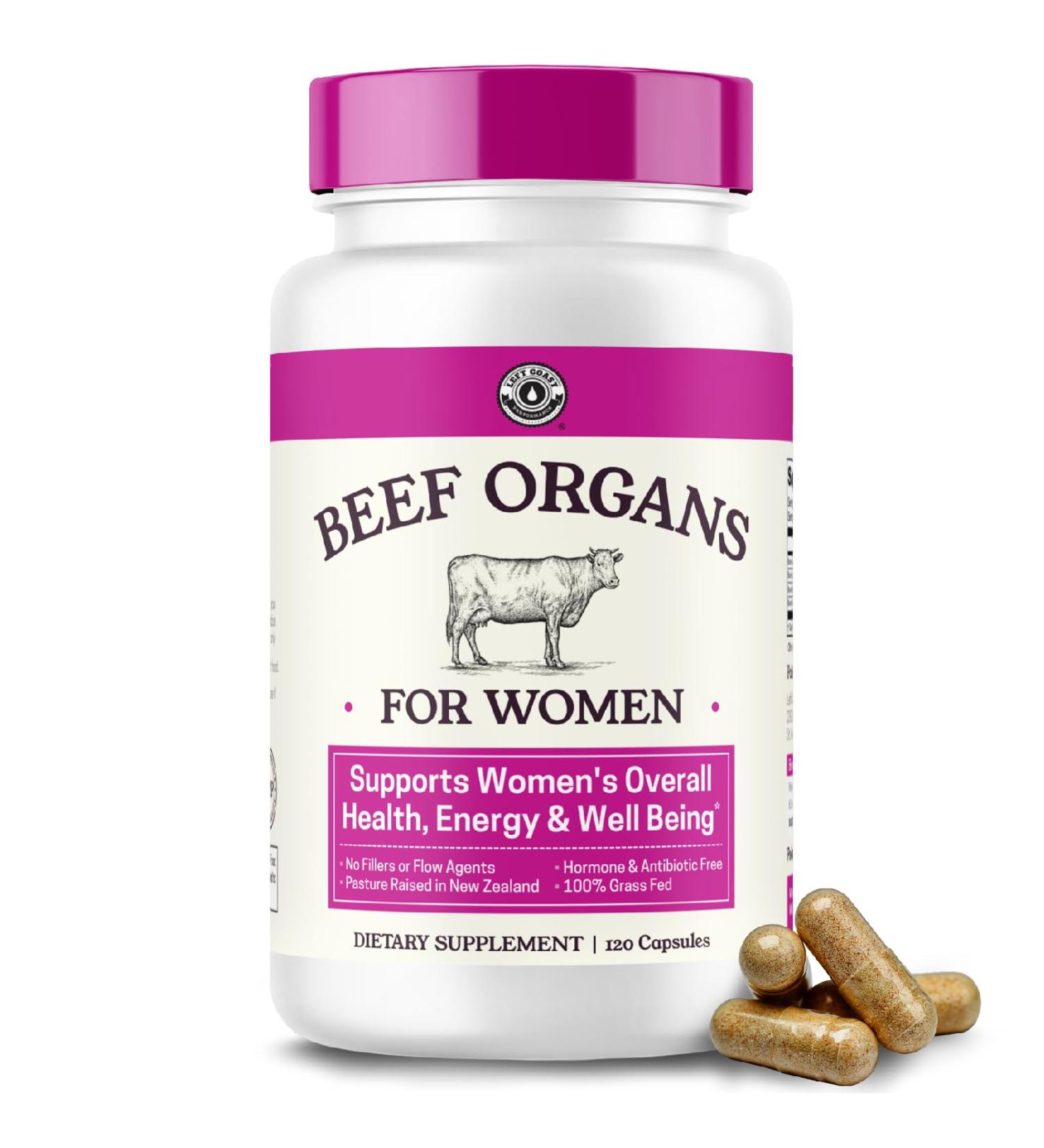 Beef Organ Supplement for Women - Beef Liver Kidney Heart and Uterus Tissue Supports Women's Overall Energy and Health - Pasture Raised in New Zealand - No Fillers or Flow Agents - 120 Capsules Beef Organs 120 Count (Pac  - Buy Online on GoSupps.com