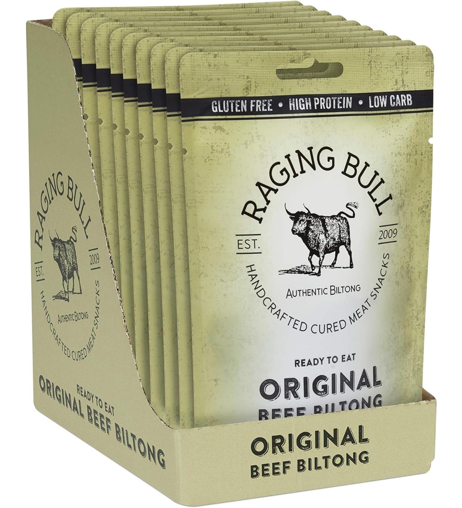 Raging Bull Original Beef Biltong - delicious authentic South African biltong. Made with natural ingredients & our award-winning skills. High in protein low carbs & gluten free. 10 x 28g snack packs. - Buy Online on GoSupps.com