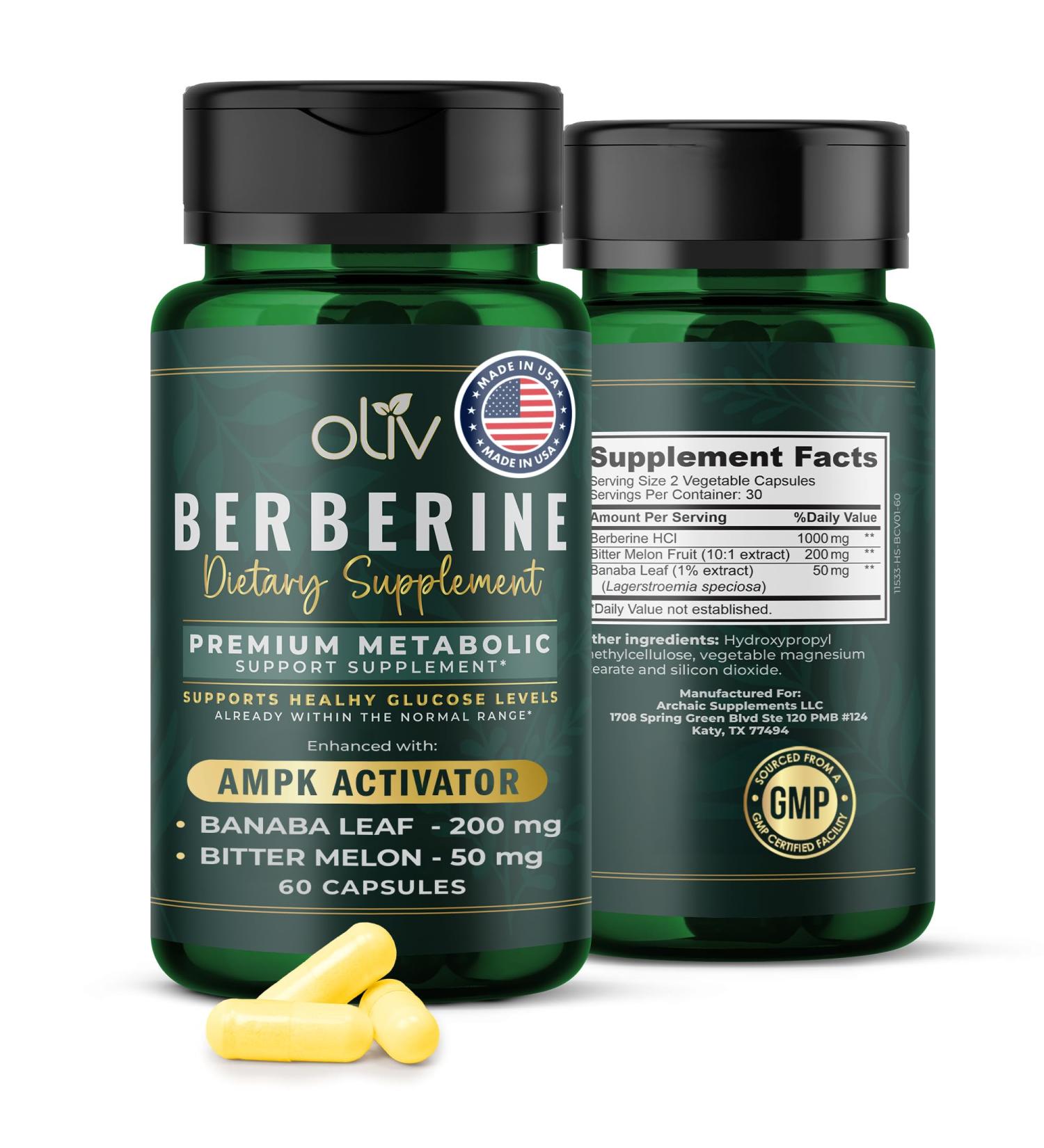 oliv Pure Berberine Supplement Capsules Berberine HCI 1000mg - Natural Metabolic Support with 200mg Bitter Melon Fruit Extract and 50mg Banaba Leaf 2 Veggie Capsules Daily (30 Servings) - Buy Online on GoSupps.com