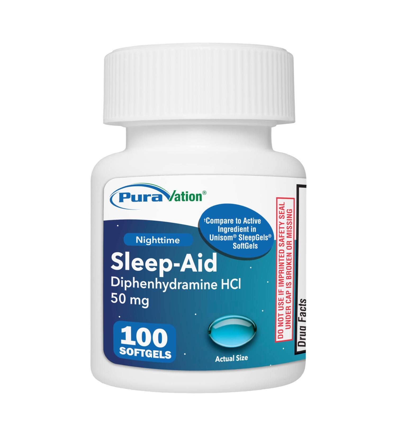 PURAVATION Nighttime Sleep Aid Softgels Diphenhydramine 50mg Supports Deeper Restful Sleeping Non-Habit-Forming Maximum Strength 100 Count