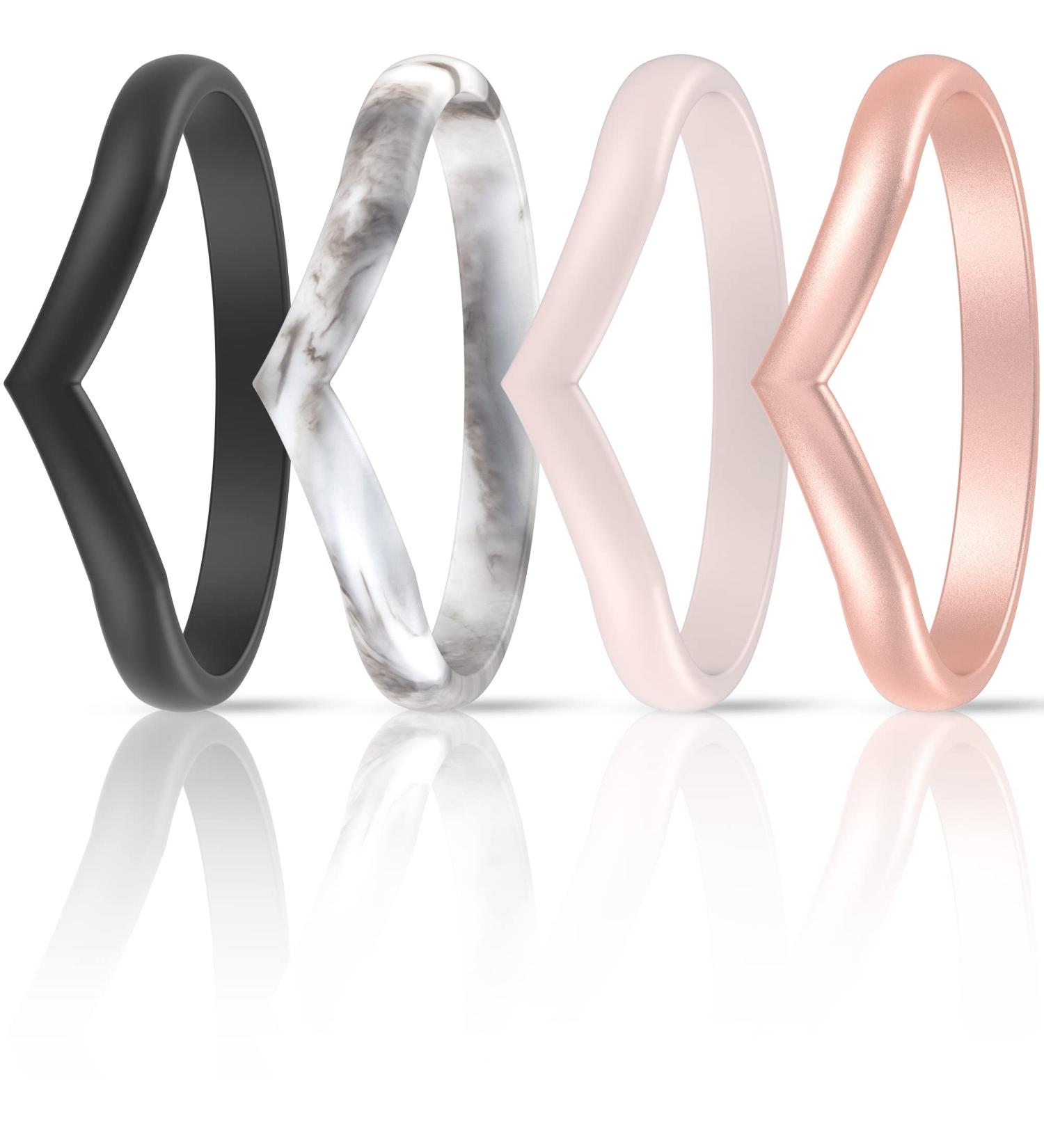ThunderFit Thin Heart Shaped Silicone Wedding Rings for Women - Stackable Rubber Bands - Black Marble, Light Pink, Rose Gold - Sizes 7.5-8 (18.2mm) - Buy Online on GoSupps.com