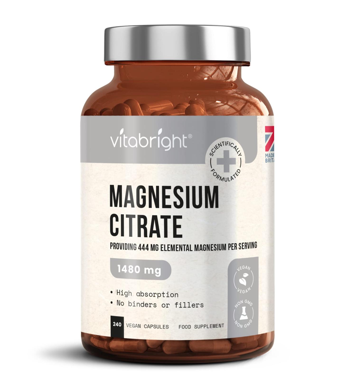 High Strength Magnesium Citrate Capsules - 444mg Elemental Magnesium - 240 Capsules (4 Month Supply) - Vegan and Made in UK - Buy Online on GoSupps.com