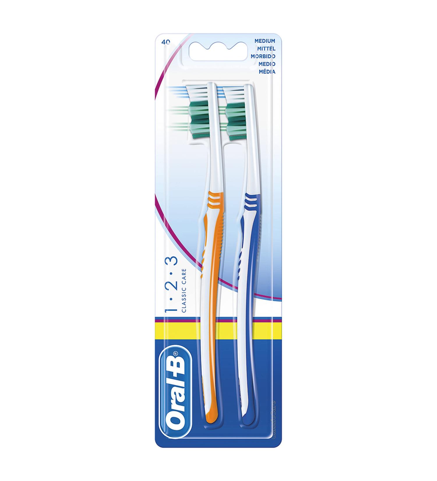 Oral-B 1 2 3 Classic Care Normal Head Toothbrush 40 medium double pack assorted colours (1 x 2 pieces)