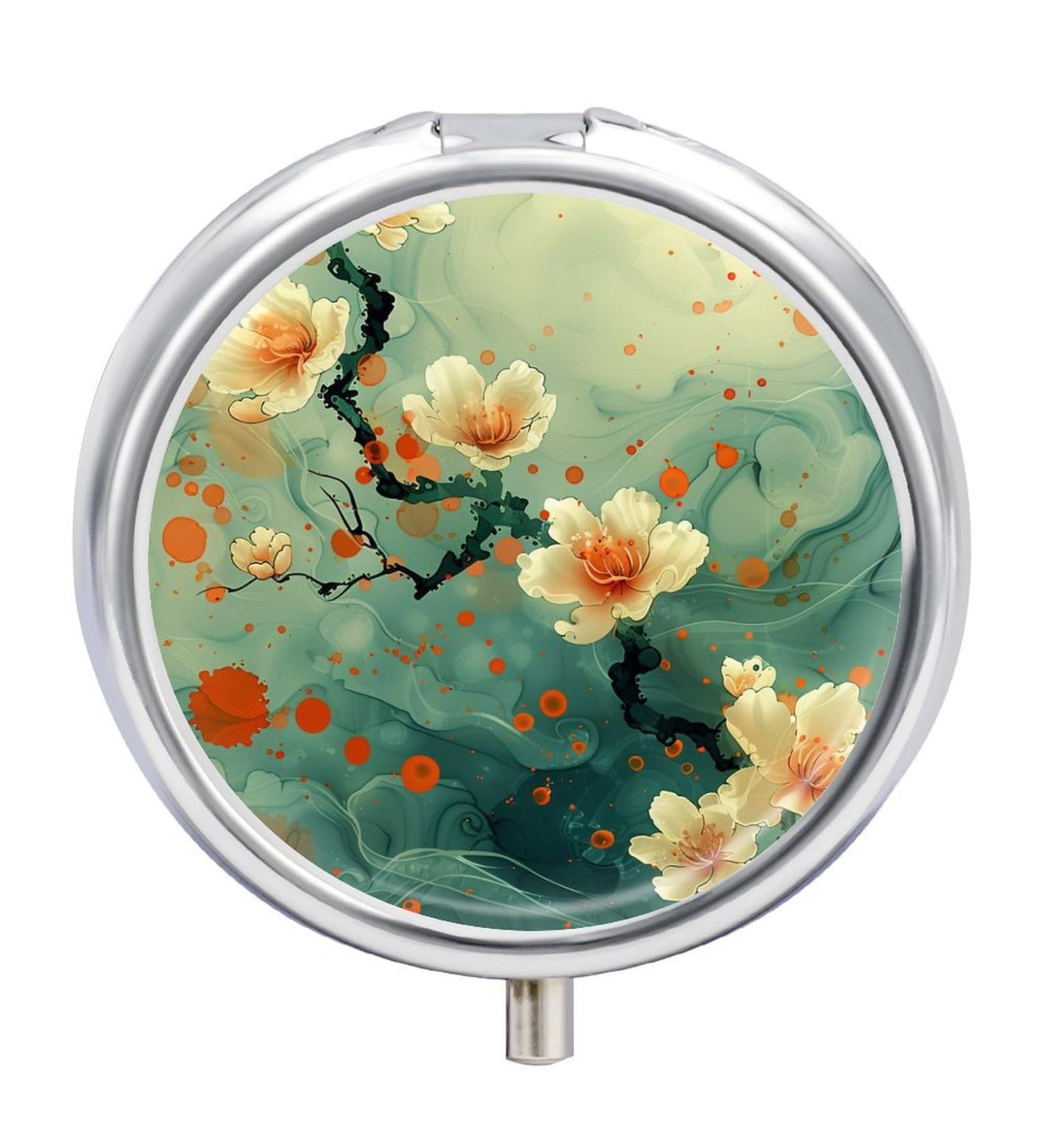 Small Travel Pill Case | Round Metal Pill Box | 3 Compartment Portable Organizer | Mini Pill Holder for Travel - Flower Design - Buy Online on GoSupps.com