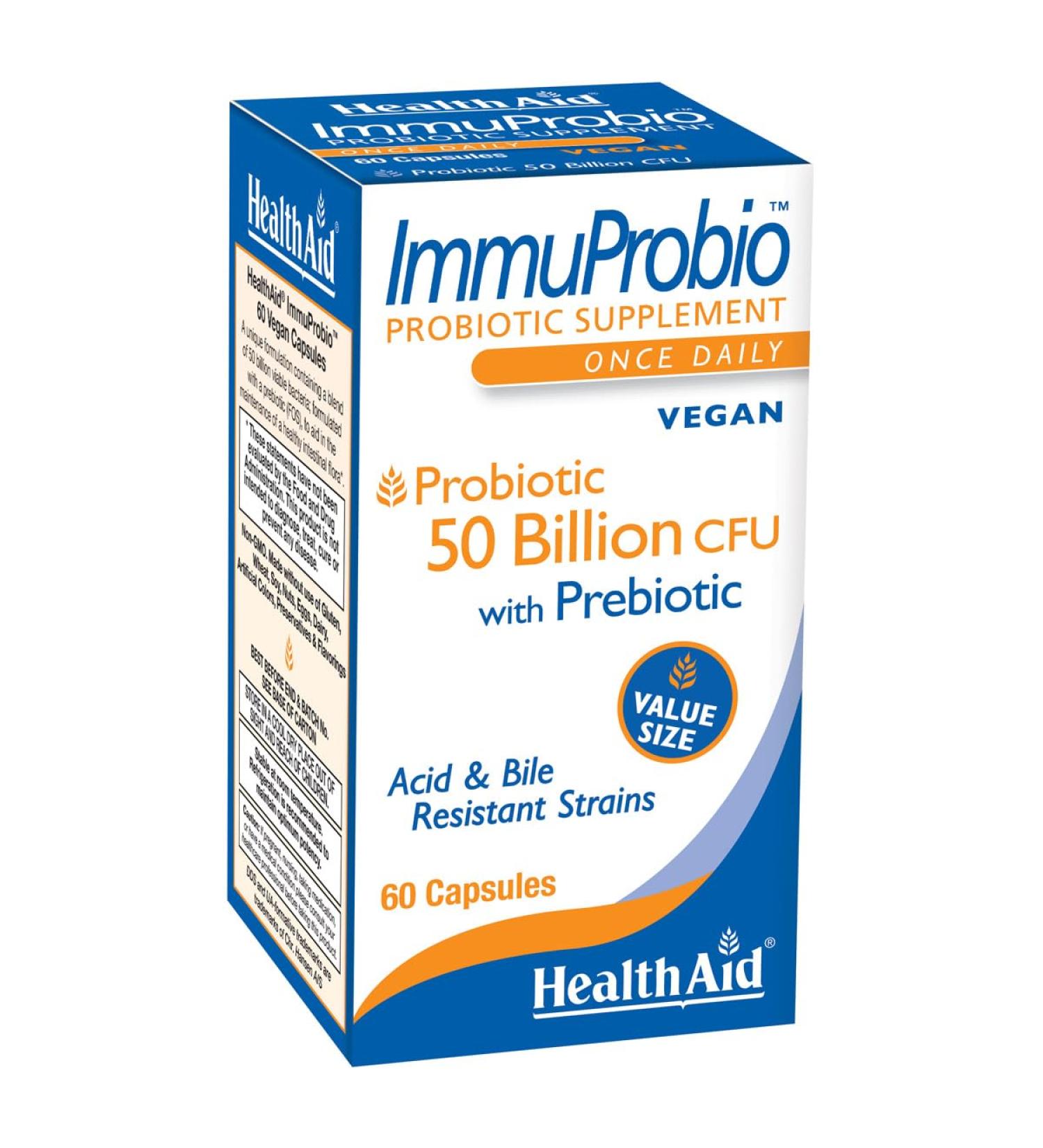 HealthAid ImmuProbio 60 Caps - 50 Billion CFU with Prebiotic Once Daily Acid & Bile Resistant Strains Vegan
