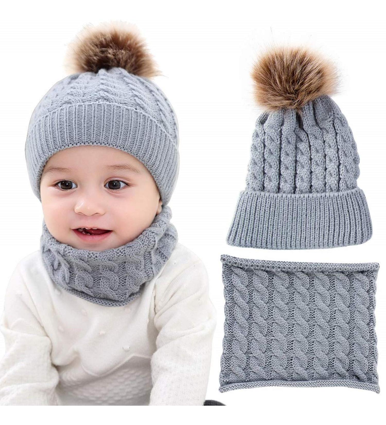 CheChury Toddler Hat and Scarf Set | Baby Warm Knit Pom Beanie Cap with Circle Loop Scarf | 1-3 Years - Grey - Buy Online on GoSupps.com