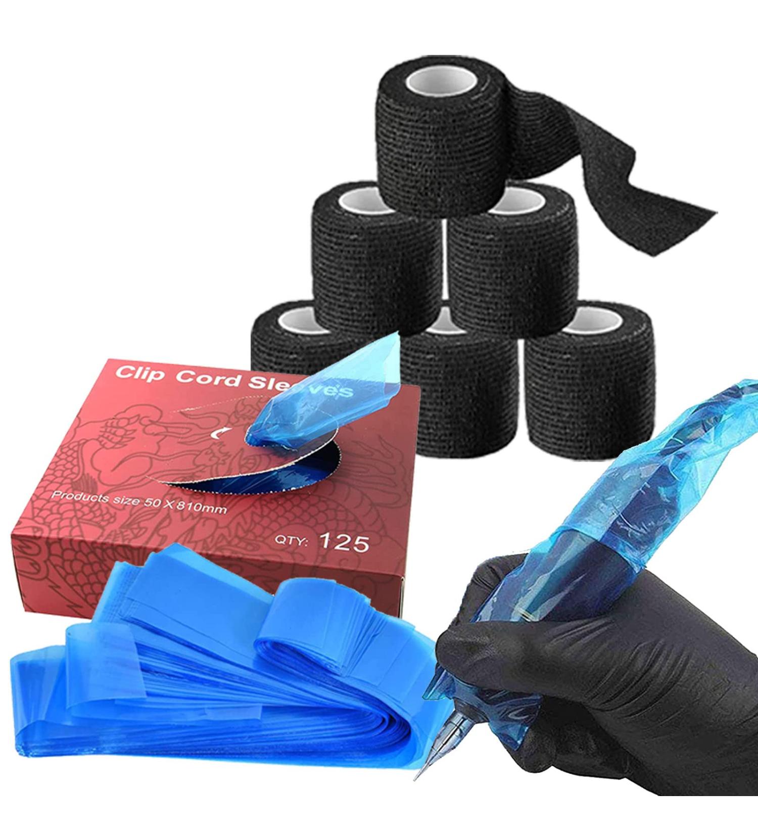 NAQASE Clip Cord Covers and Grip Tape Wraps Set - 125pcs Blue Covers, 6pcs Tattoo Bandages, Elastic Grip Tape Wraps - Black & Blue - Buy Online on GoSupps.com