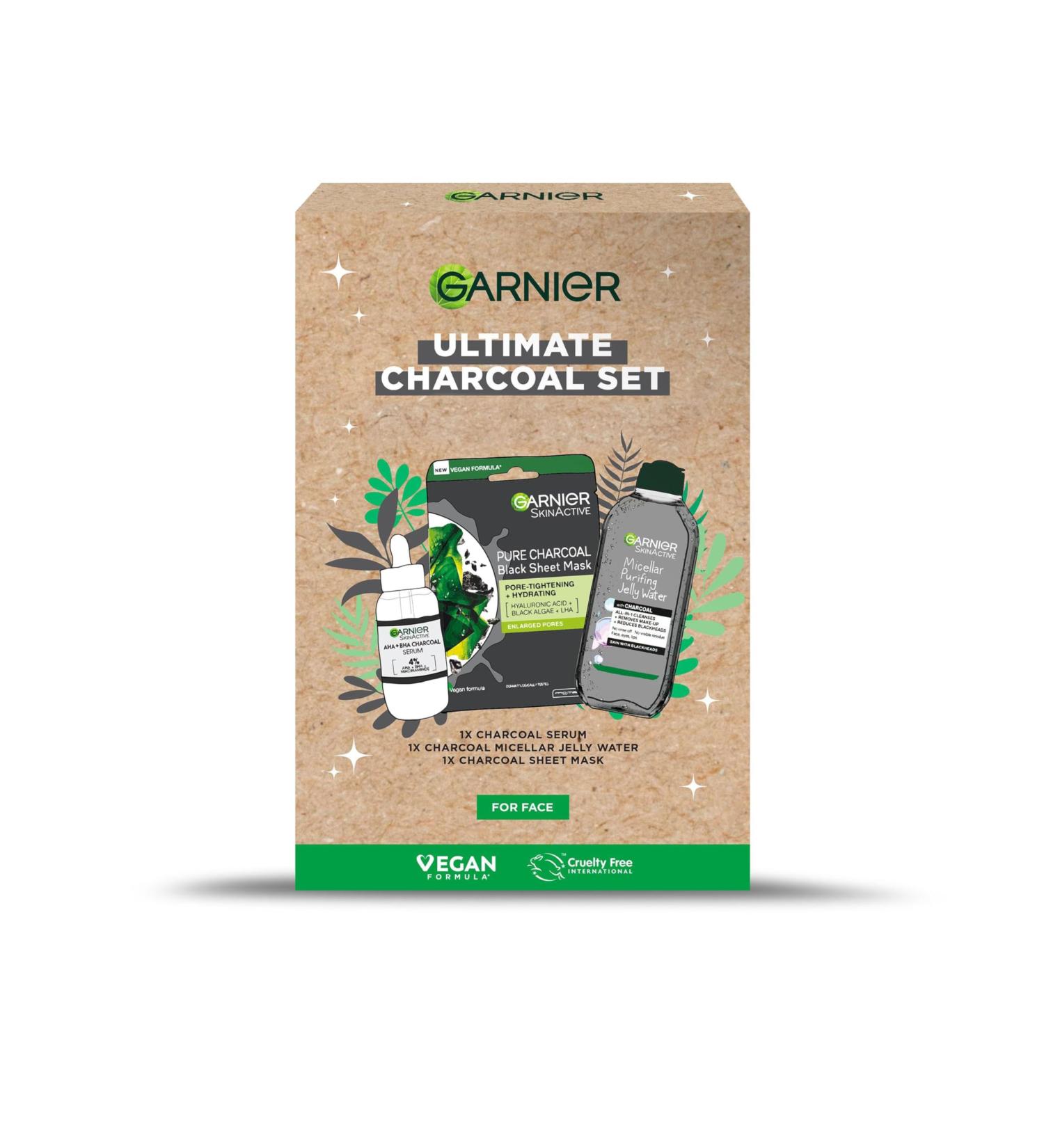 Garnier's Ultimate Charcoal Gift Set for Face with Serum Face Mask and Micellar Purifying Jelly Water to Reduce Imperfections Approved by Cruelty Free International Vegan - Buy Online on GoSupps.com