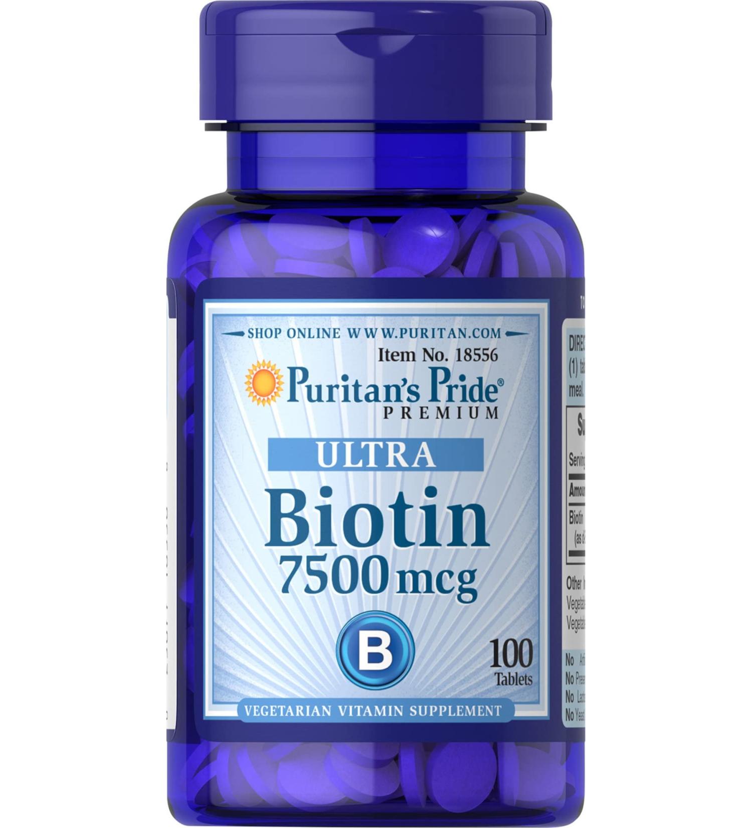 Puritan's Pride Biotin 7500 mcg 100 Count - Healthy Hair Support Supplement - Buy Online on GoSupps.com