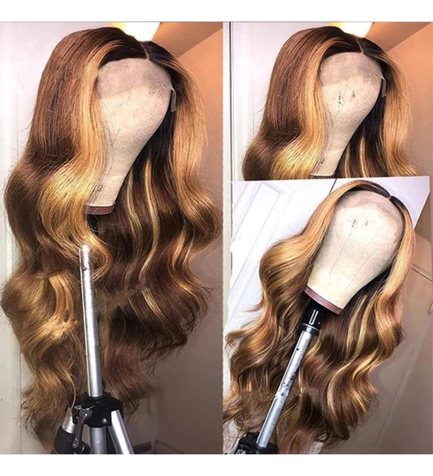 18 Inch Honey Blonde Highlight Ombre Body Wave Lace Front Wig - Grade 9A Malaysian Virgin Human Hair - Pre Plucked & Bleached Knots - Glueless - Women's Human Hair Wig (4/27) - Buy Online on GoSupps.com