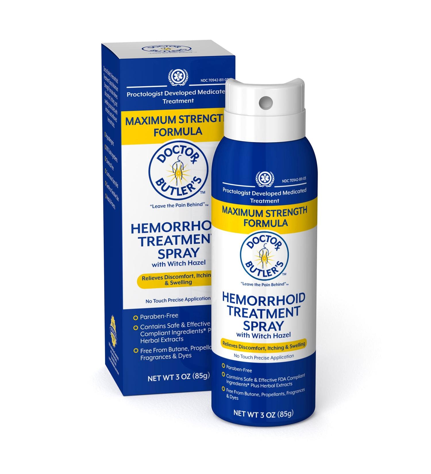 Doctor Butler's Hemorrhoid Spray - Pain Relief & Itch Relief with Witch Hazel & Aloe Vera (3oz) - Buy Online on GoSupps.com