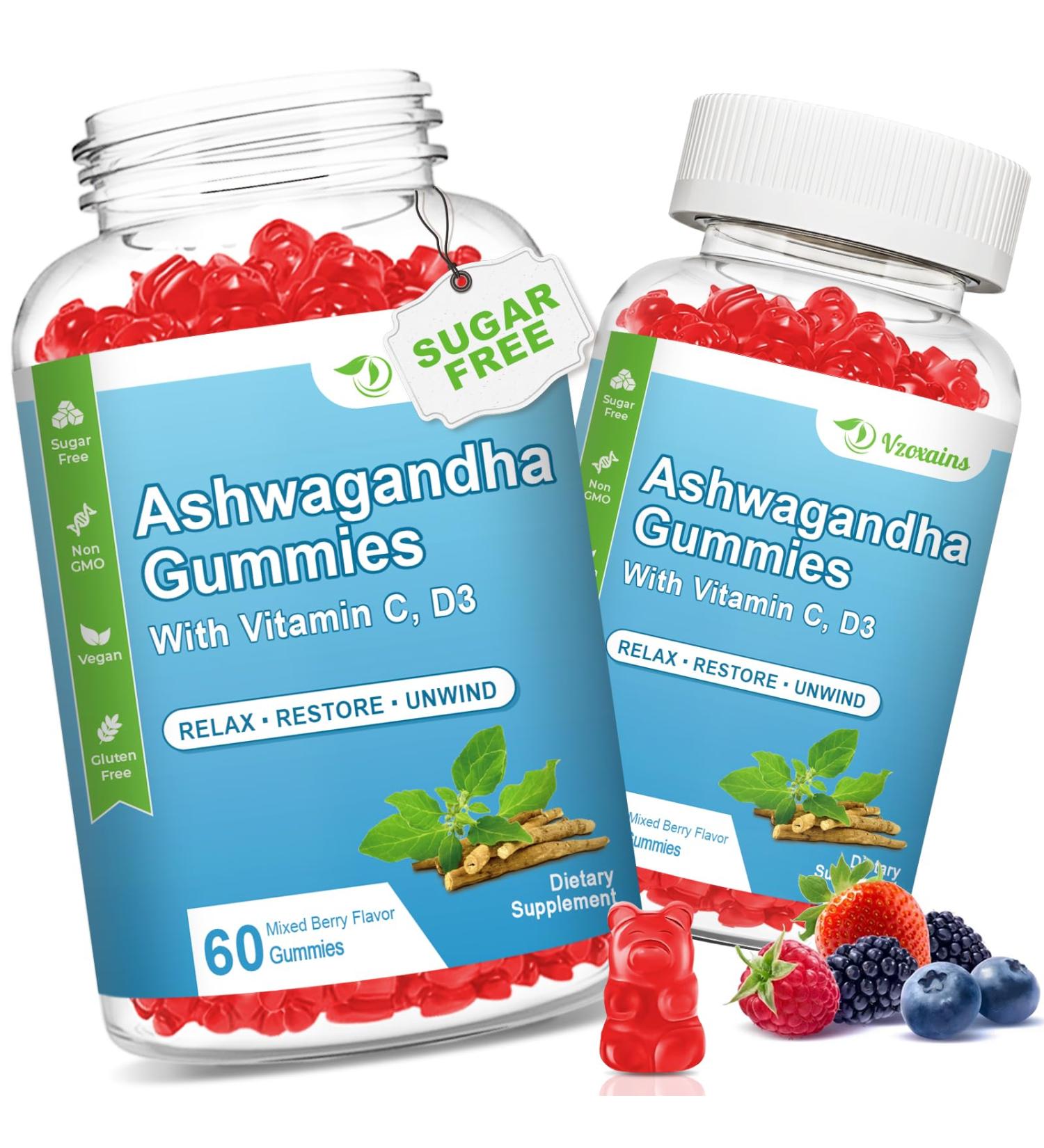 2 Pack Ashwagandha Gummies with Vitamin D for Women & Men Sugar Free Vegan 1000MG Ashwagandha Supplement Gummy & Vitamin C 120 Count Ashwagandha 60 Count (Pack of 2) - Buy Online on GoSupps.com