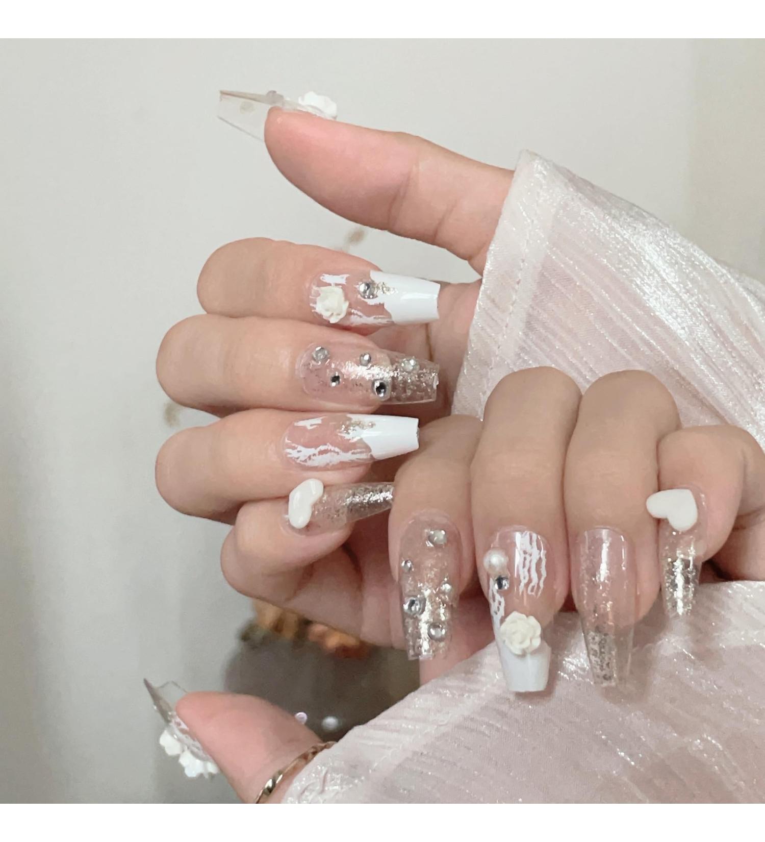 MENILITHS French White Diamond Pearl Mountain Camellia Bridal Wedding Dress Nail Art False Nails Acrylic Fake Nails Full Cover Nails Tips Artificial Finger Manicure for Women and Girls - Buy Online on GoSupps.com