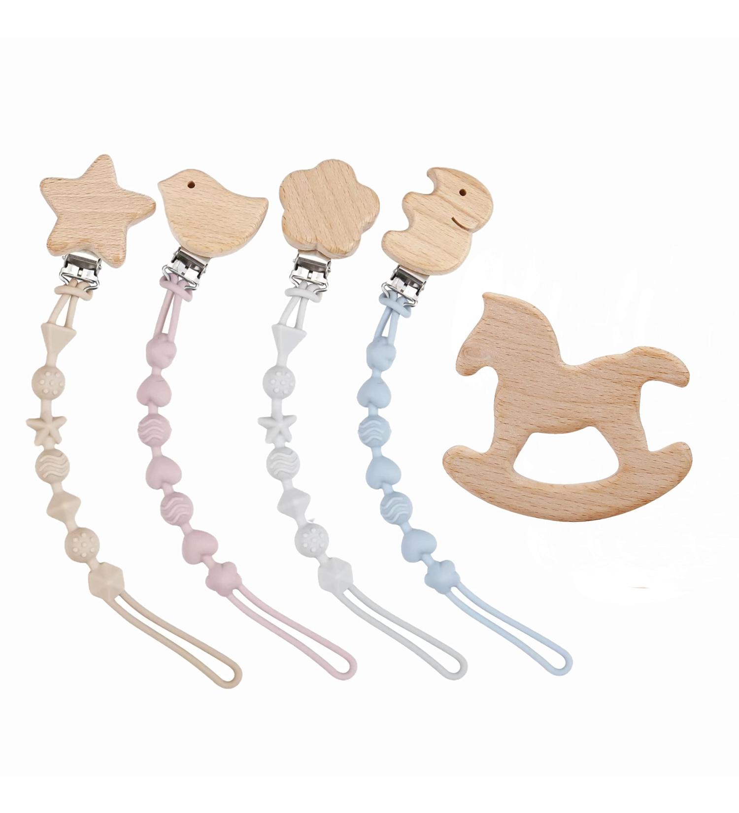 PandaEar Silicone Pacifier Clips 4 Pack for Boys and Girls - Baby Binky Holder Strap with Wooden Teething Toy - Universal Fit for Teethers - Gender Neutral - Buy Online on GoSupps.com