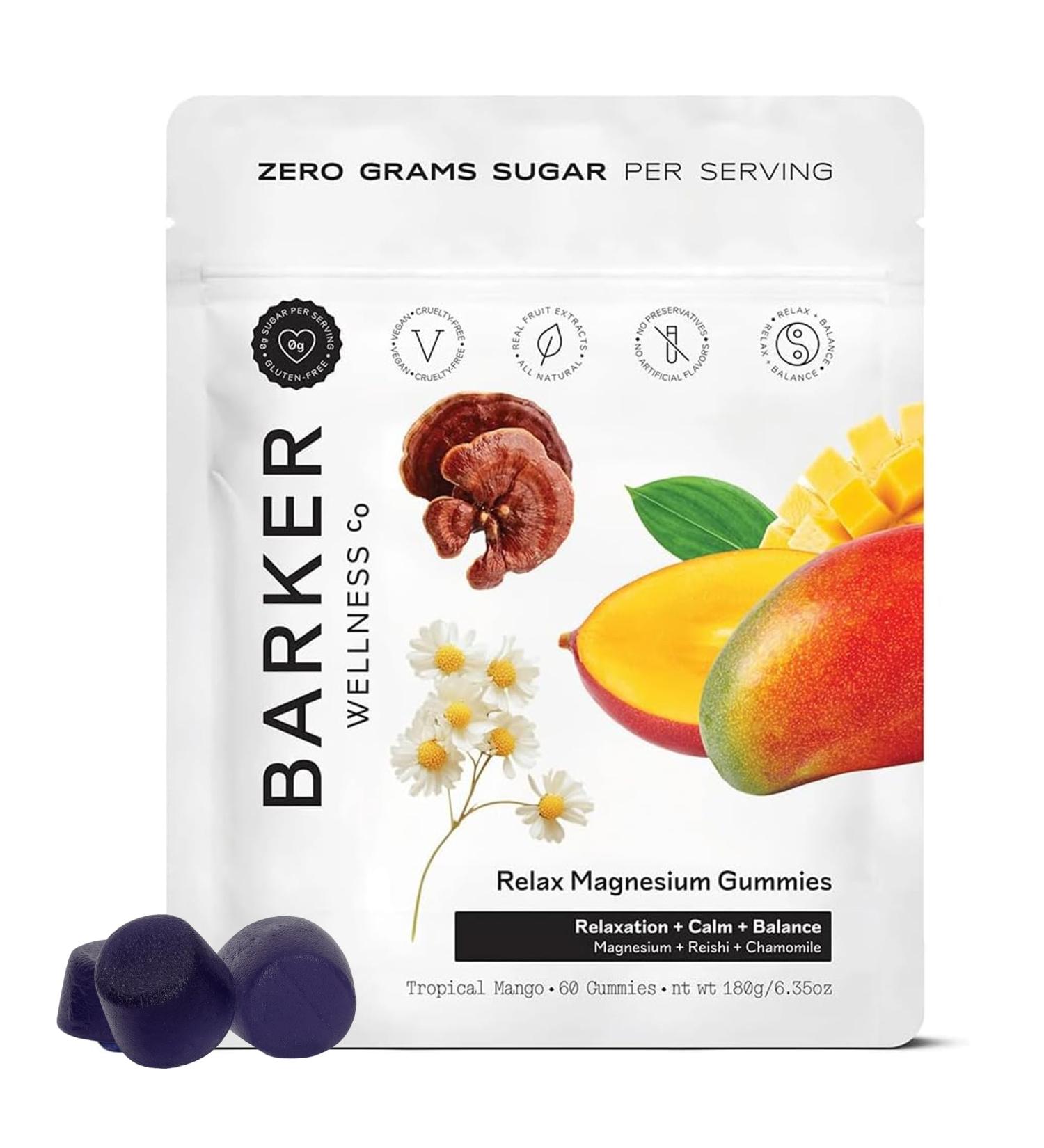 Barker Wellness Magnesium Relax Gummies | Advanced Stress & Muscle Tension Relief | Promotes Calm & Relaxation with Reishi Mushroom & Chamomile | Vegan Sugar-Free Tropical Mango | 60 Gummies - Buy Online on GoSupps.com
