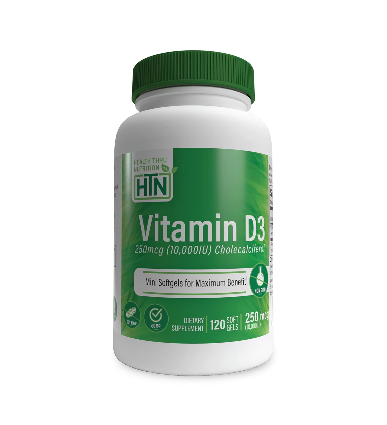 Health Thru Nutrition Vitamin D3 10,000 IU Non GMO 120 Mini Softgels - Soy Free USP Grade Natural D3 Supplement - Buy Online on GoSupps.com