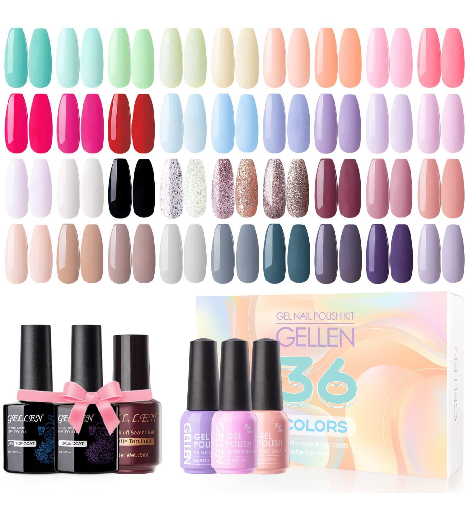 Gellen Gel Nail Polish Kit - 39 Pcs Rainbow Nude Gray Glitters with GlossyMatte Top & Base Coats | Nail Art Set for HomeSalon | Perfect Holiday Gift - Buy Online on GoSupps.com