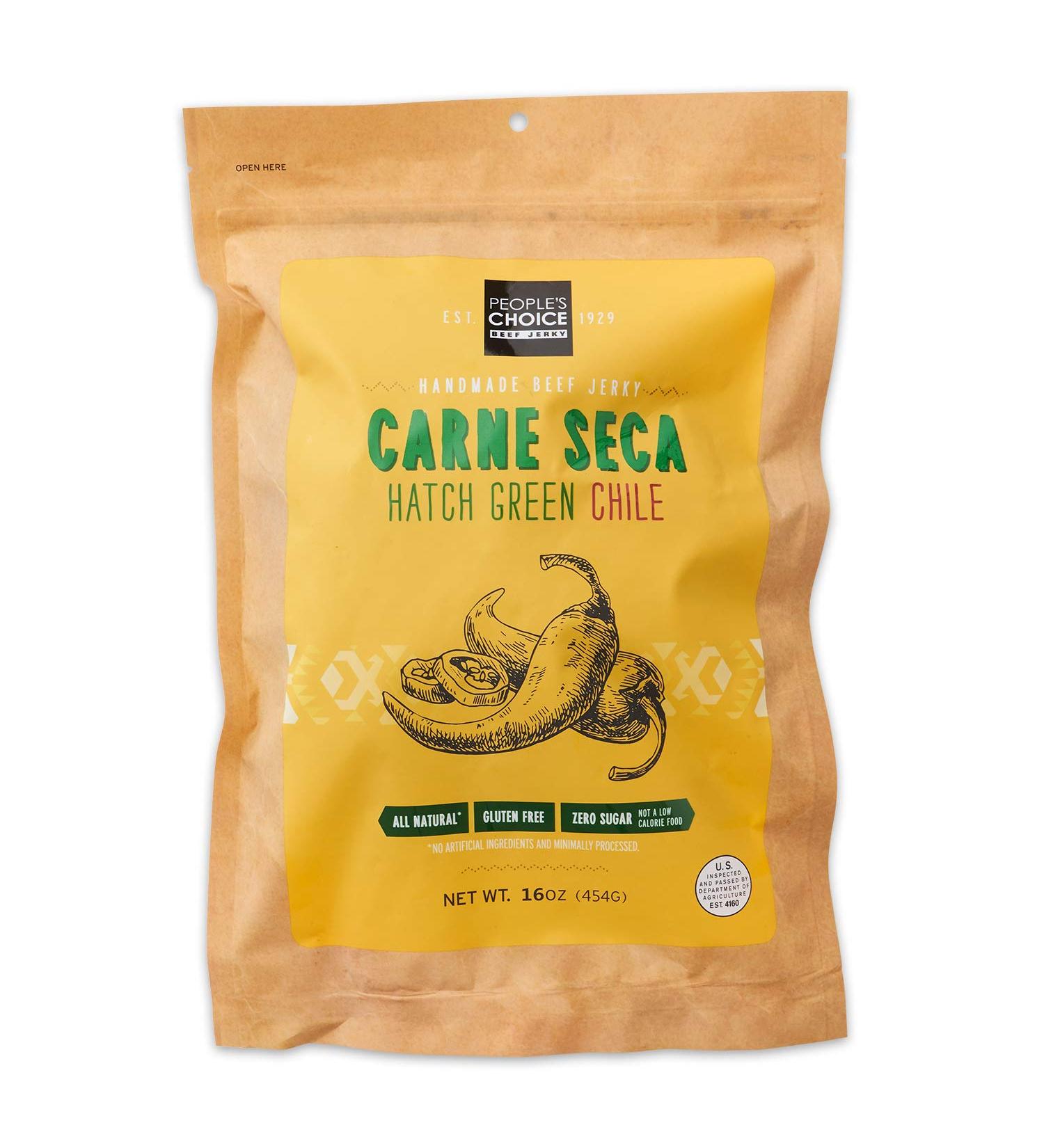 Peoples Choice Beef Jerky - Carne Seca with New Mexico Hatch Green Chile - 1lb Bag, Sugar Free, Zero Carb, High Protein Snack - Gluten Free & Keto Friendly - Buy Online on GoSupps.com