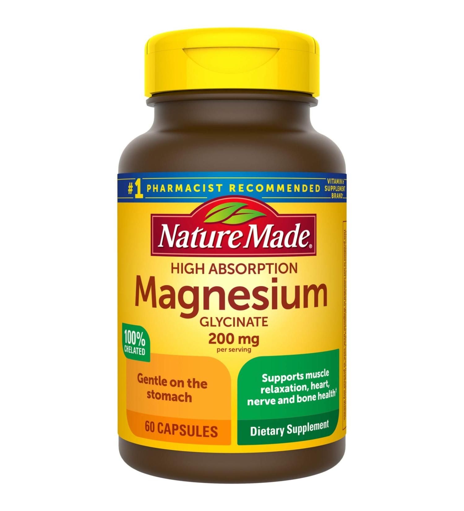 Nature Made Magnesium Glycinate 200mg Dietary Supplement - Muscle, Heart, Nerve, Bone Support - 60 Capsules - 30 Day Supply - Buy Online on GoSupps.com