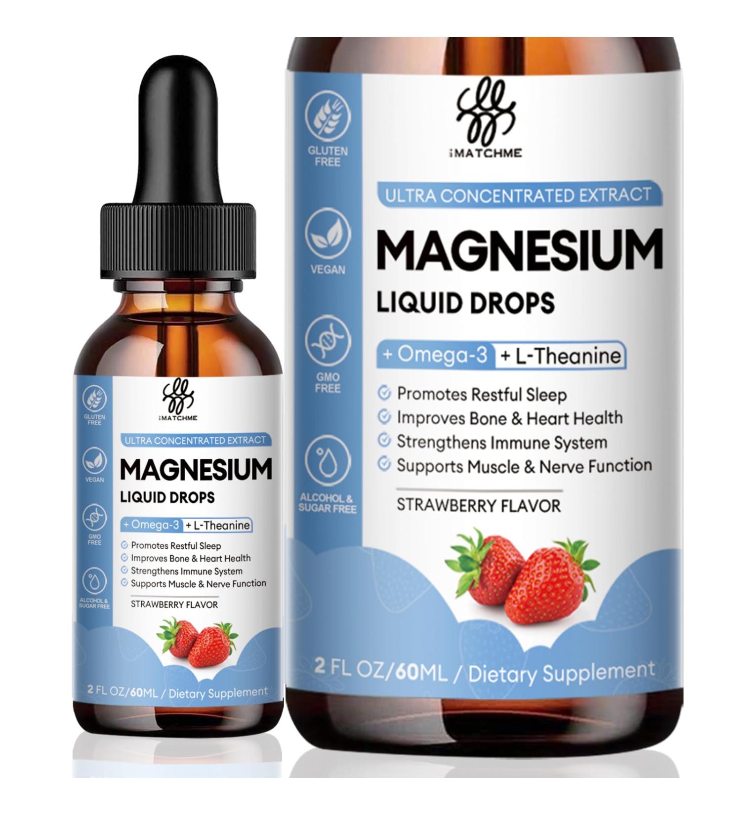 iMATCHME Magnesium Glycinate Liquid Drop with Citrate, Oxide and Taurate, Calm Magnesium with Omega3, L-Theanine, D3, B6, B12 for Calm, Sleep, Leg Cramps, Muscles, Energy, Sugar-Free Strawberry Flavor - Buy Online on GoSupps.com