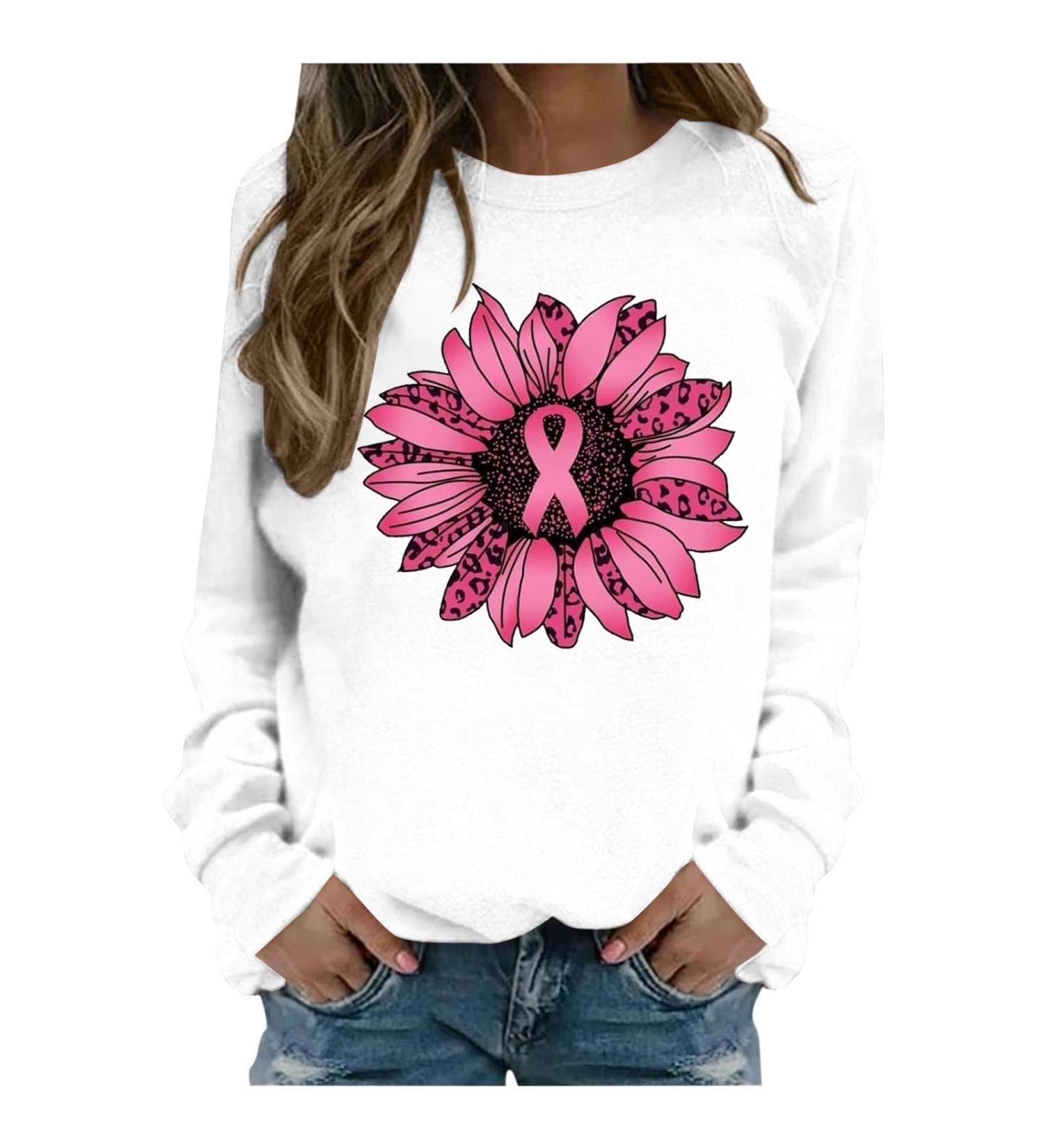 Yihaojia Breast Cancer Awareness Sweatshirts for Women Round Neck Long Sleeve Pullover Top Pink Ribbon Print Fall Blouse White#53 Large - Buy Online on GoSupps.com