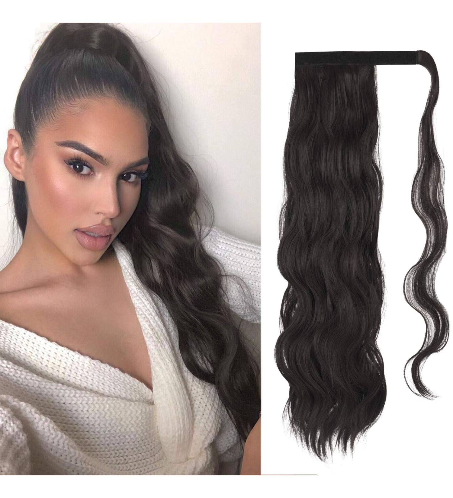 FESHFEN Long Wavy Ponytail Extension 60cm - Darkest Brown to Black - Synthetic Hairpiece for Women - Clip in Curly Ponytail - Buy Online on GoSupps.com