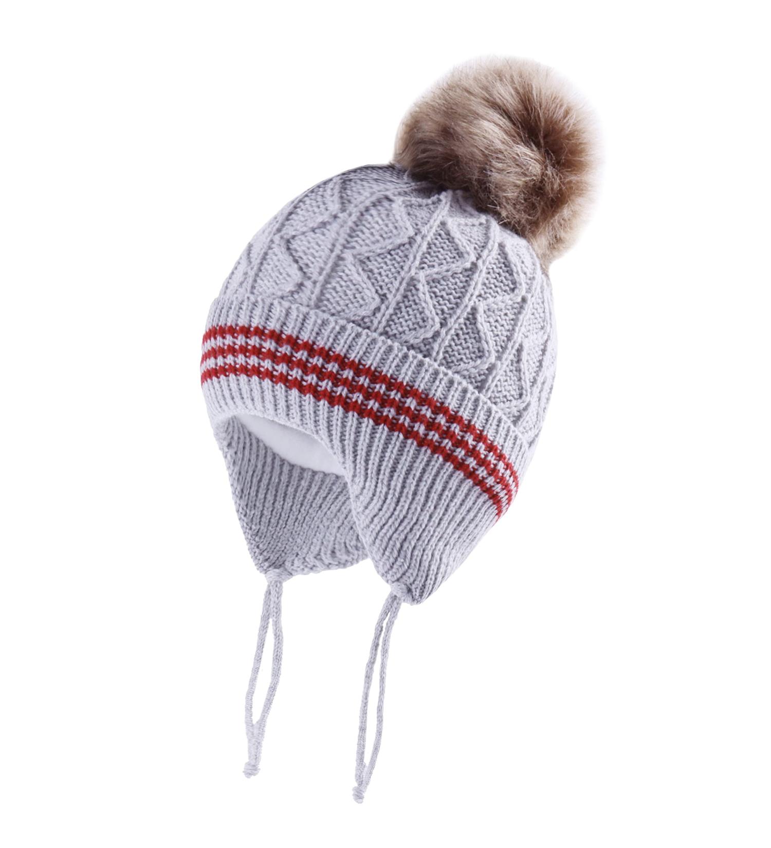 LANGZHEN Toddler Winter Hat Earflap Knit Cap Fleece Lined Beanie 6-12 Months Grey-Pompon - Buy Online on GoSupps.com