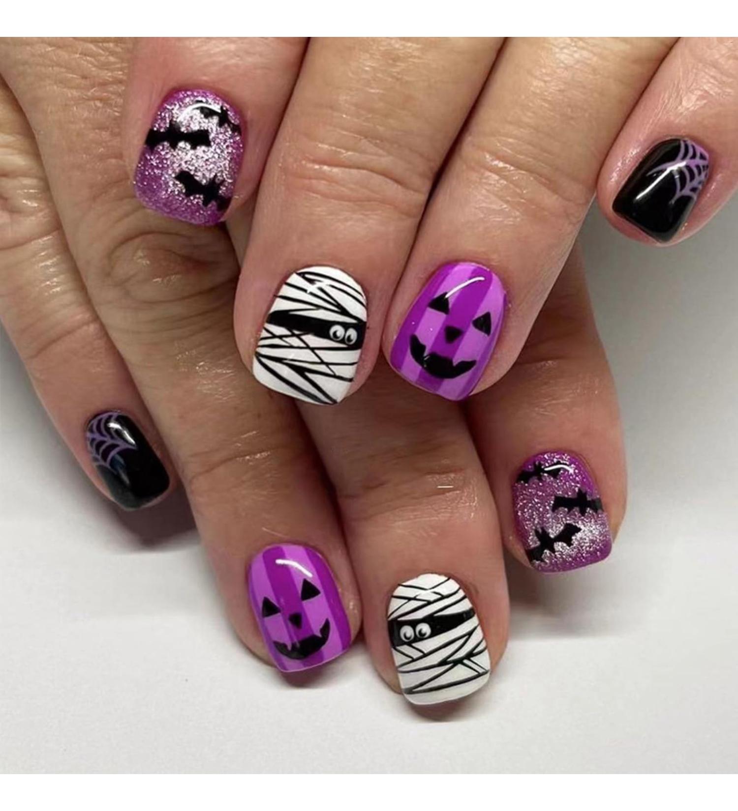 Shop 24pcs Halloween Press On Nails - Ghost Face Bats & Spider Web Designs | Glossy Gel Glue False Nails for Women & Girls - Buy Online on GoSupps.com