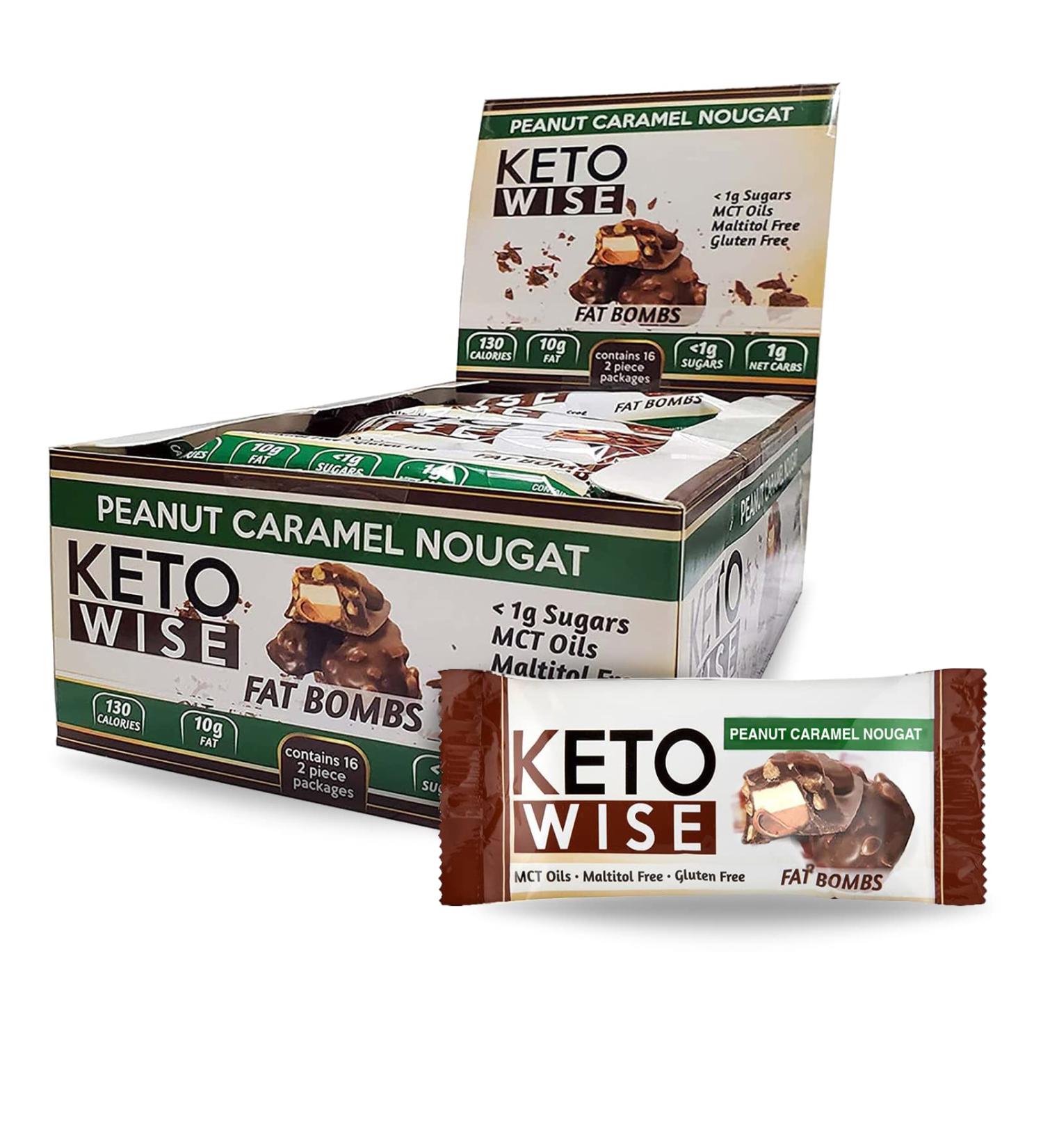 Keto Wise Fat Bombs | Chocolate with MCT Oil | Low Fat, Low Carb Snack | 7g Fat, 2g Net Carbs | Peanut Caramel Nougat | Pack of 16 - Buy Online on GoSupps.com