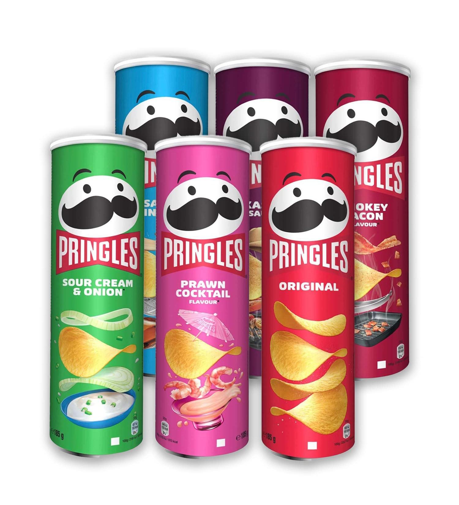Pringles Crisps - Party Pack Variety Salt and Vinegar Original Sour Cream Prawn Cocktail Smokey Bacon Texas BBQ 185g each Bundle of 6