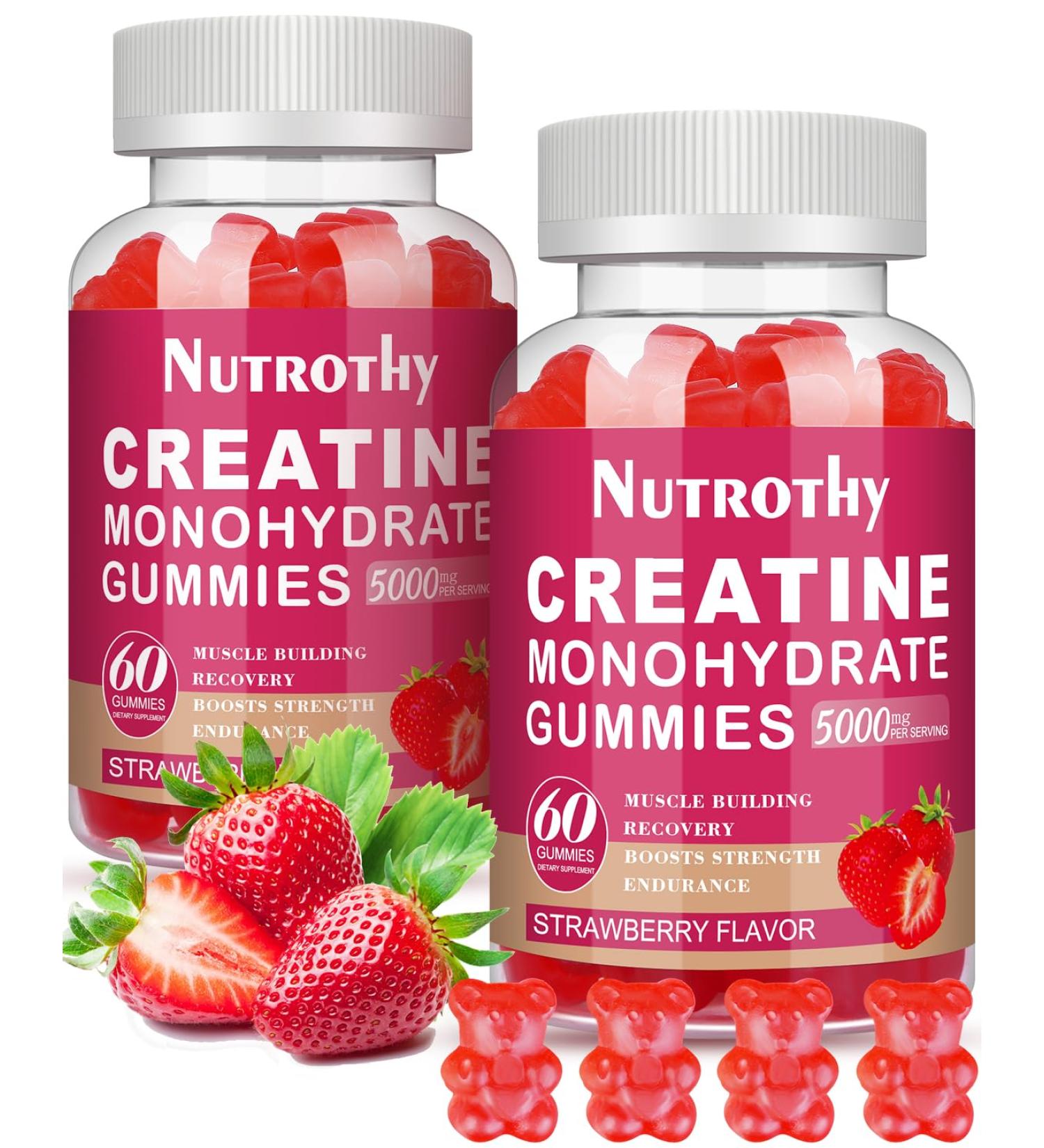 Buy Sugar-Free Creatine Monohydrate Gummies 5000mg - Chewable Pre-Workout Supplement with L-Taurine & B12 for Muscle Strength & Recovery - 120 Count Strawberry - Buy Online on GoSupps.com