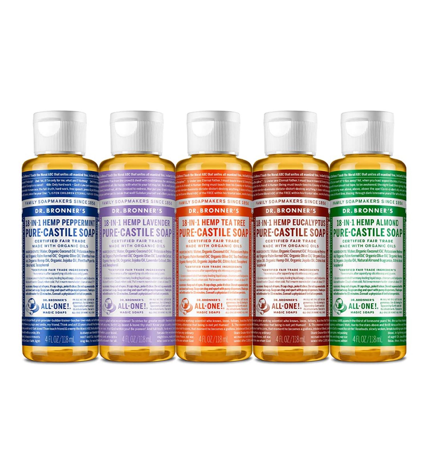 Dr. Bronner's 4oz Pure-Castile Liquid Soap Variety Pack - Peppermint Lavender Tea Tree Eucalyptus Almond - Organic Oils - 18-in-1 Uses - Buy Online on GoSupps.com