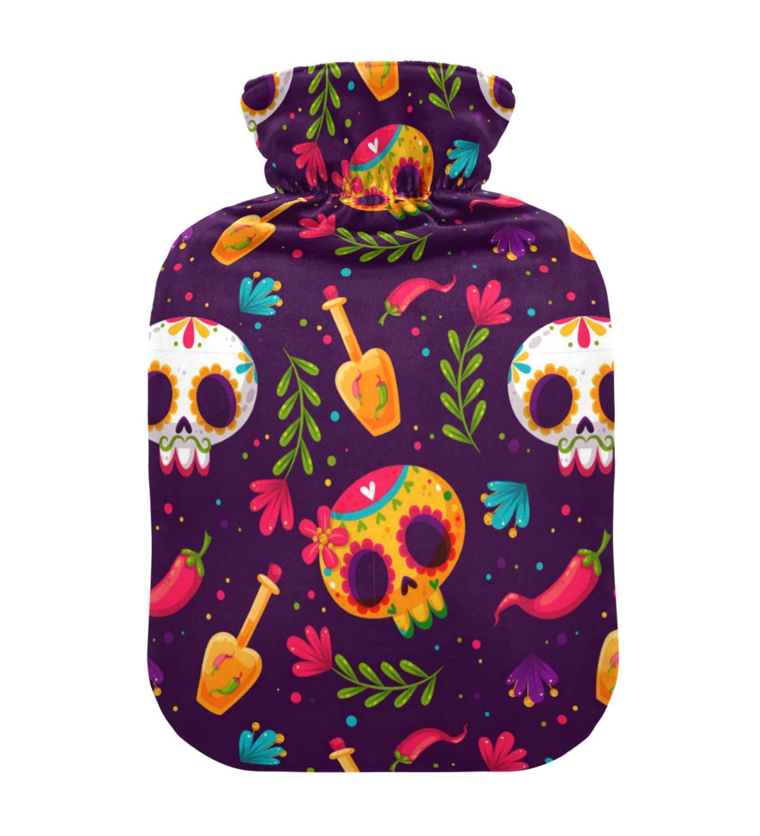 Hot Water Bottle with Sugar Skull Cover | 2L Pain Relief & Hand Warming Premium Heating Bags - Buy Online on GoSupps.com