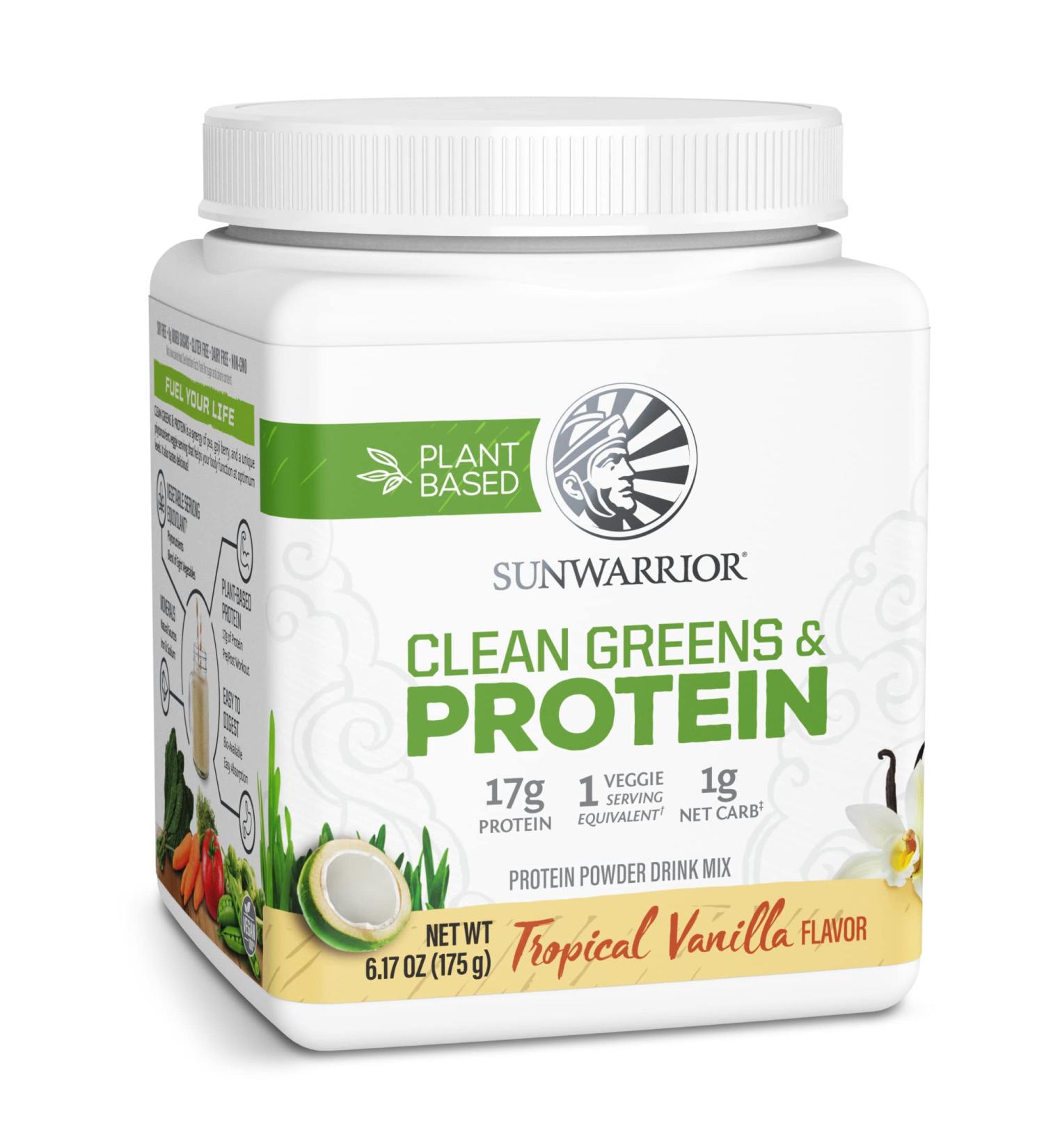 Sunwarrior Clean Greens & Protein Tropical Vanilla - 6.17 oz (175 g) | Vegan Superfood Blend - Buy Online on GoSupps.com