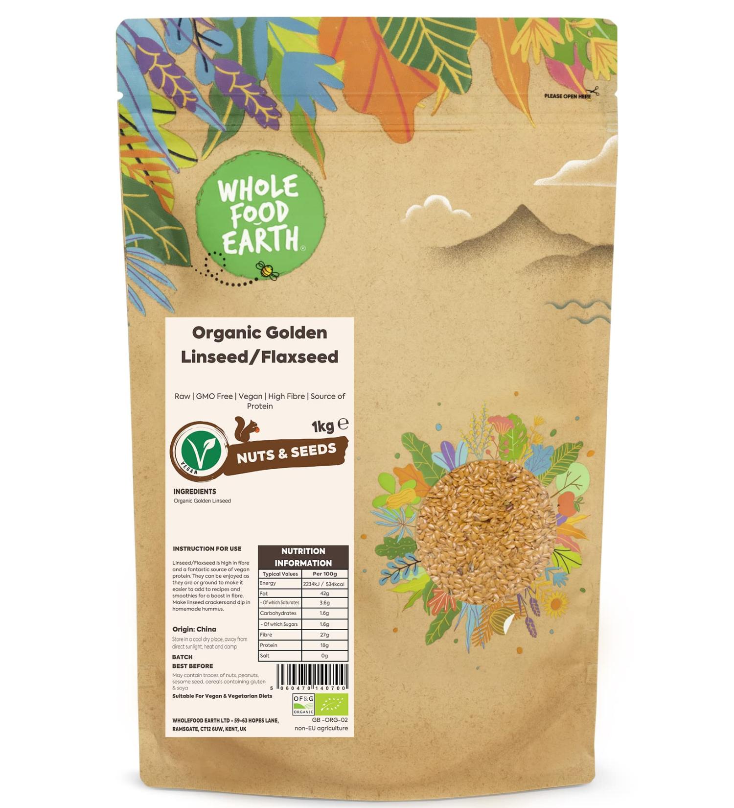 Wholefood Earth Organic Golden Linseed/Flaxseed 1 kg - Raw, GMO Free, Vegan | High Fibre & Protein | Certified Organic - Buy Online on GoSupps.com