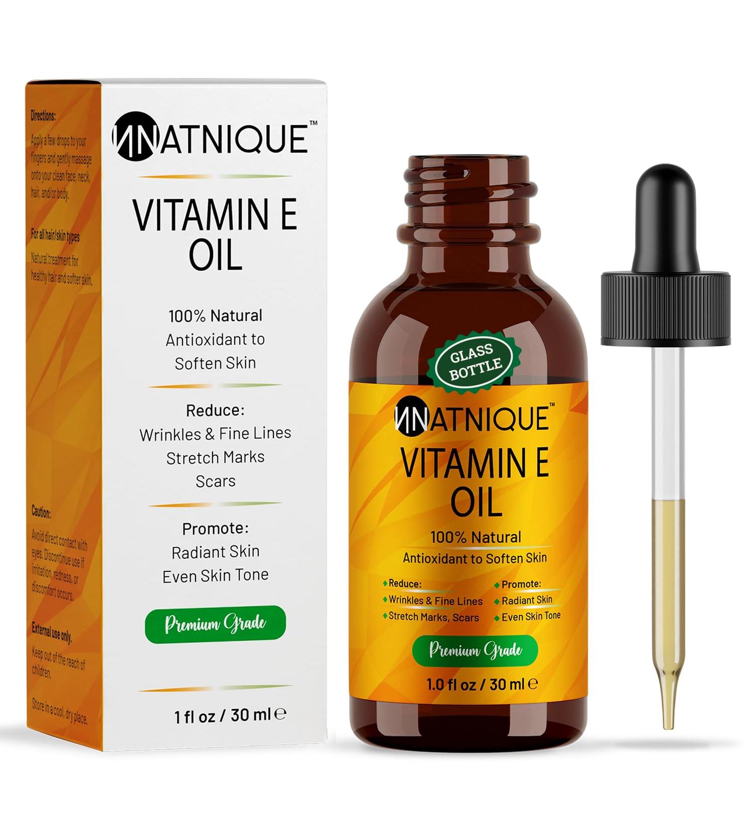 Natnique Vitamin E Oil 1 oz Natural D-Alpha Tocopherol for Face Skin Hair & Nails Pure Non-GMO Moisturizer for Scars Stretch Marks & Dry Skin Cold-Pressed Carrier Oil for Body & Beauty Care - Buy Online on GoSupps.com