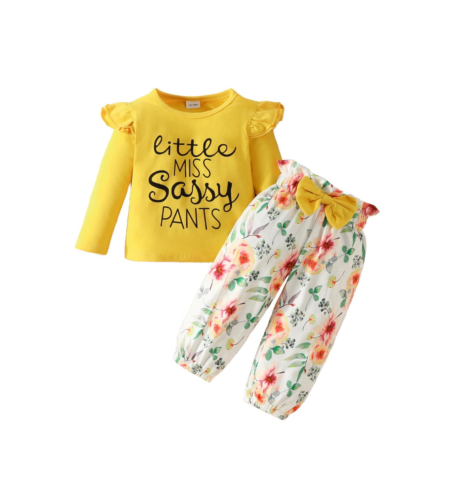 Puseky Toddler Baby Girls Cute Letter Print Long Sleeve Shirt Floral Pant Outfit Set 12-18 Months - Yellow + Floral - Buy Online on GoSupps.com