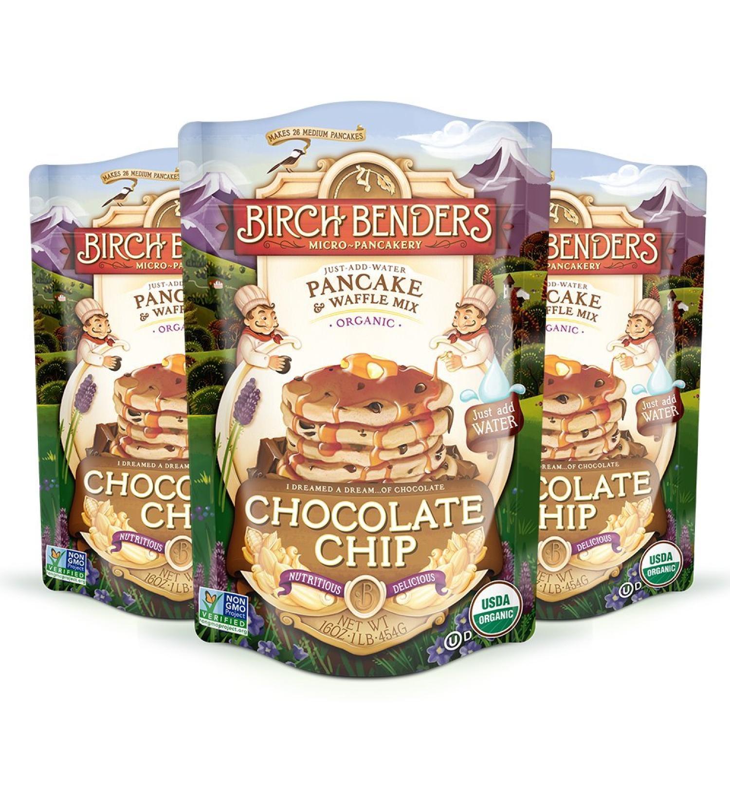 Birch Benders Organic Chocolate Chip Pancake & Waffle Mix - 3 Pack, 1 lb Each - Whole Grain, Non-GMO - Buy Online on GoSupps.com