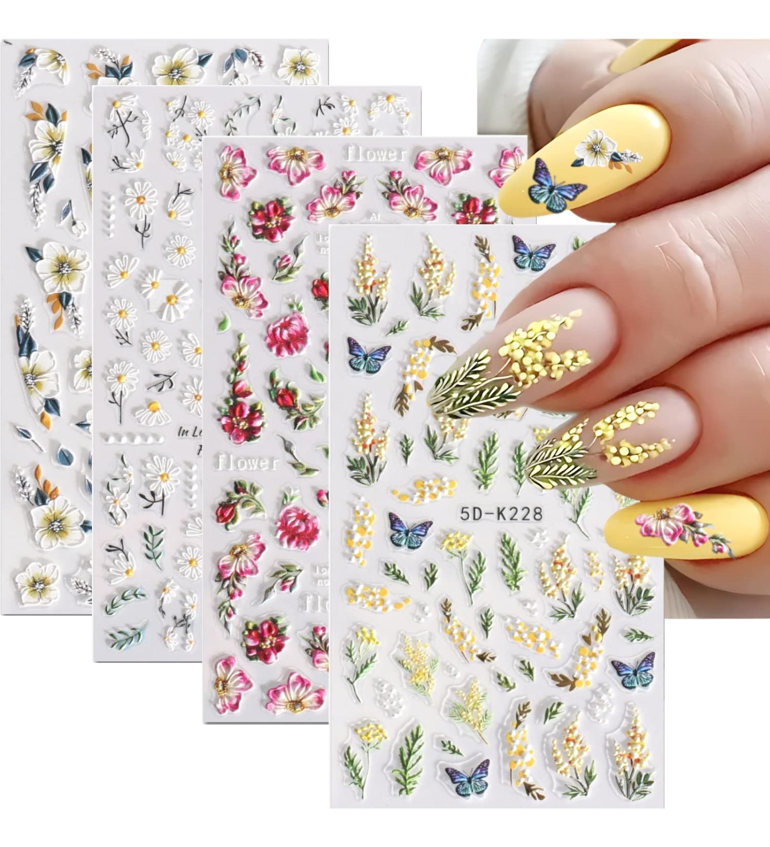 5D Embossed Flower Nail Art Stickers - Spring/Summer Butterfly Daisy Design for Women and Girls - Buy Online on GoSupps.com
