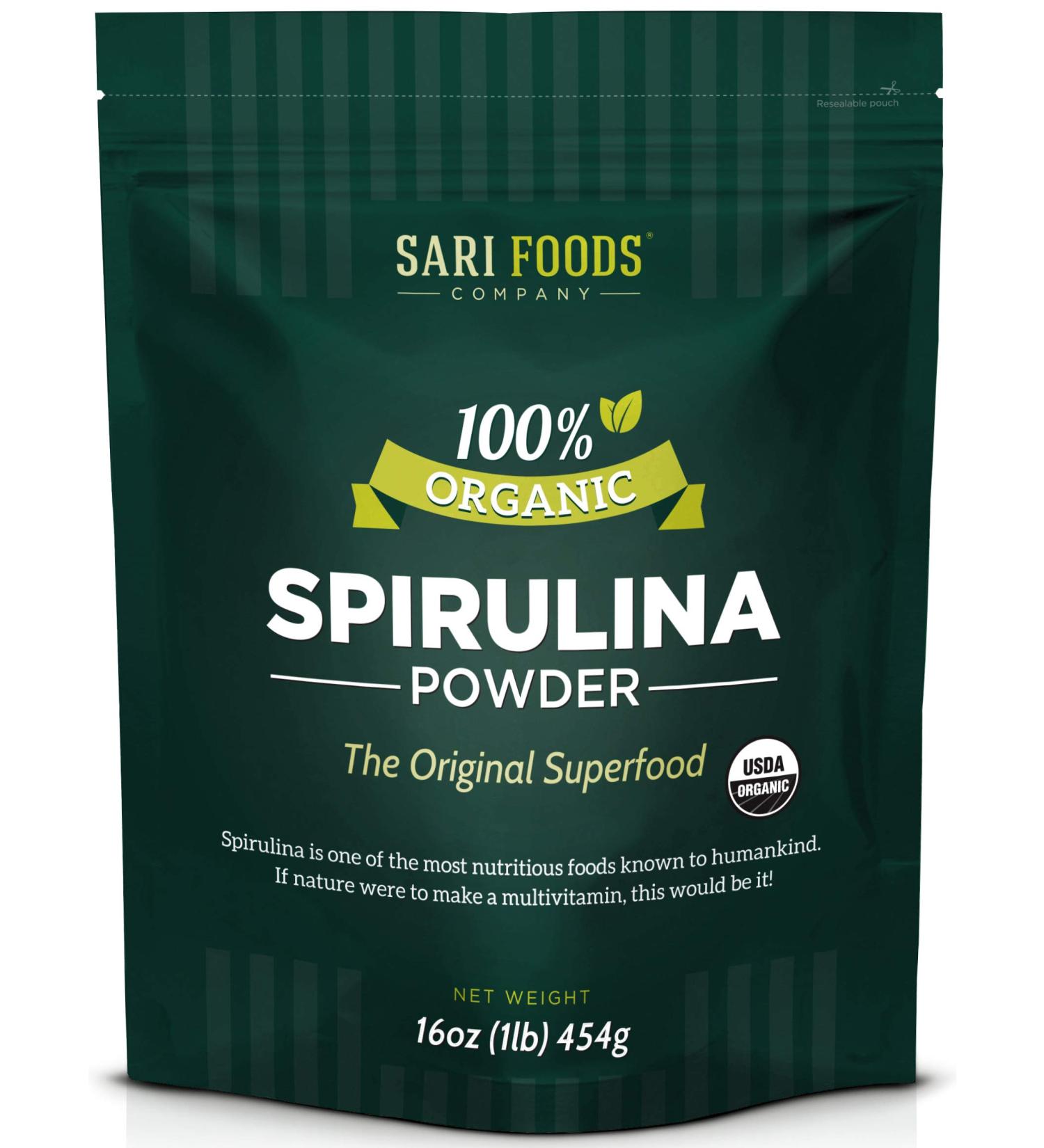 Organic Spirulina Powder (16oz) - Vegan Source of Folate, Vitamin B12, Iron, Omega Fatty Acids, and More - 1lb Pack - Buy Online on GoSupps.com