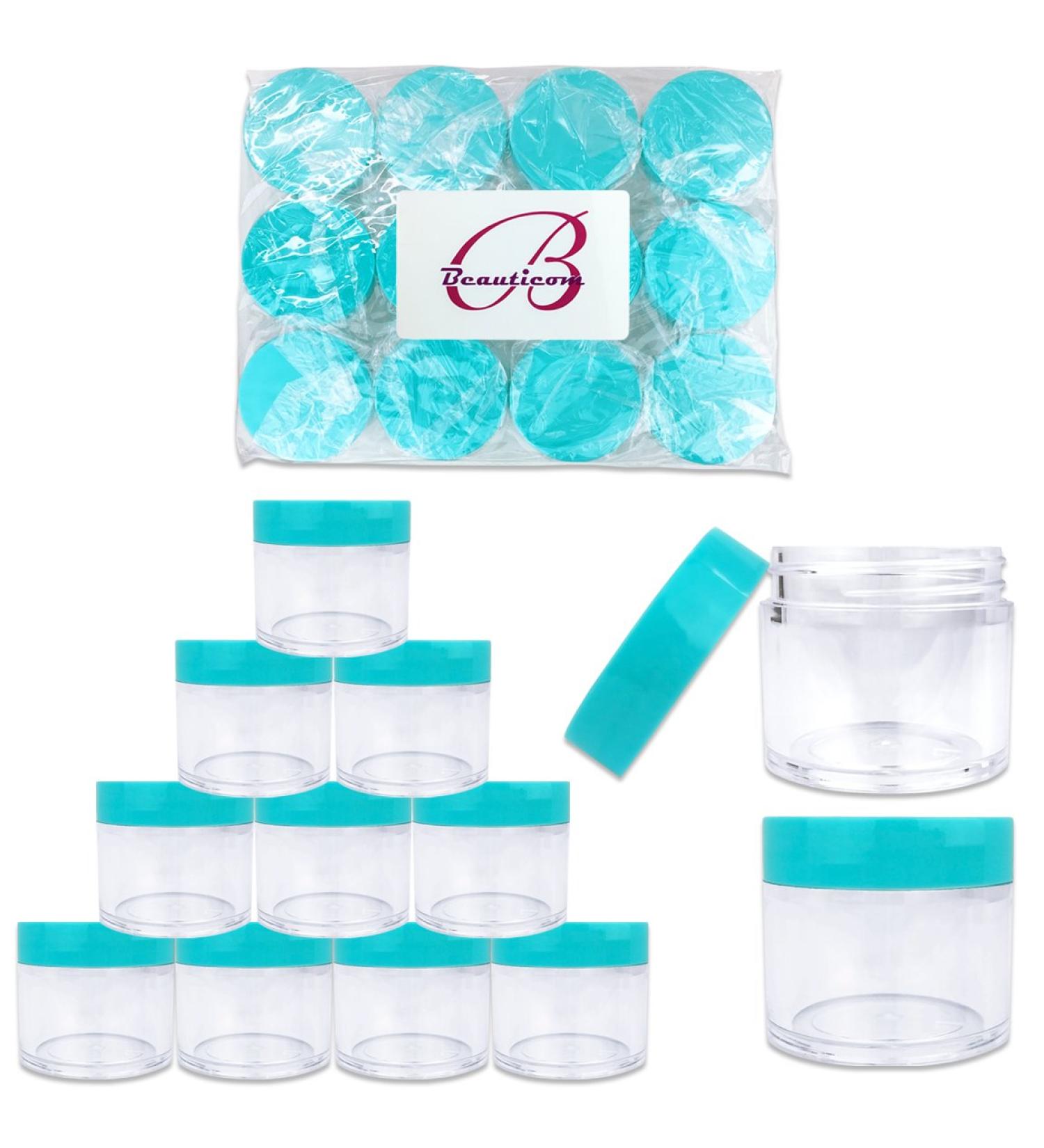 Beauticom 12 Piece 1 oz Acrylic Round Clear Jars with Flat Top Lids - Perfect for Creams Lotions Makeup & Herbs - SKY BLUE TEAL - Buy Online on GoSupps.com